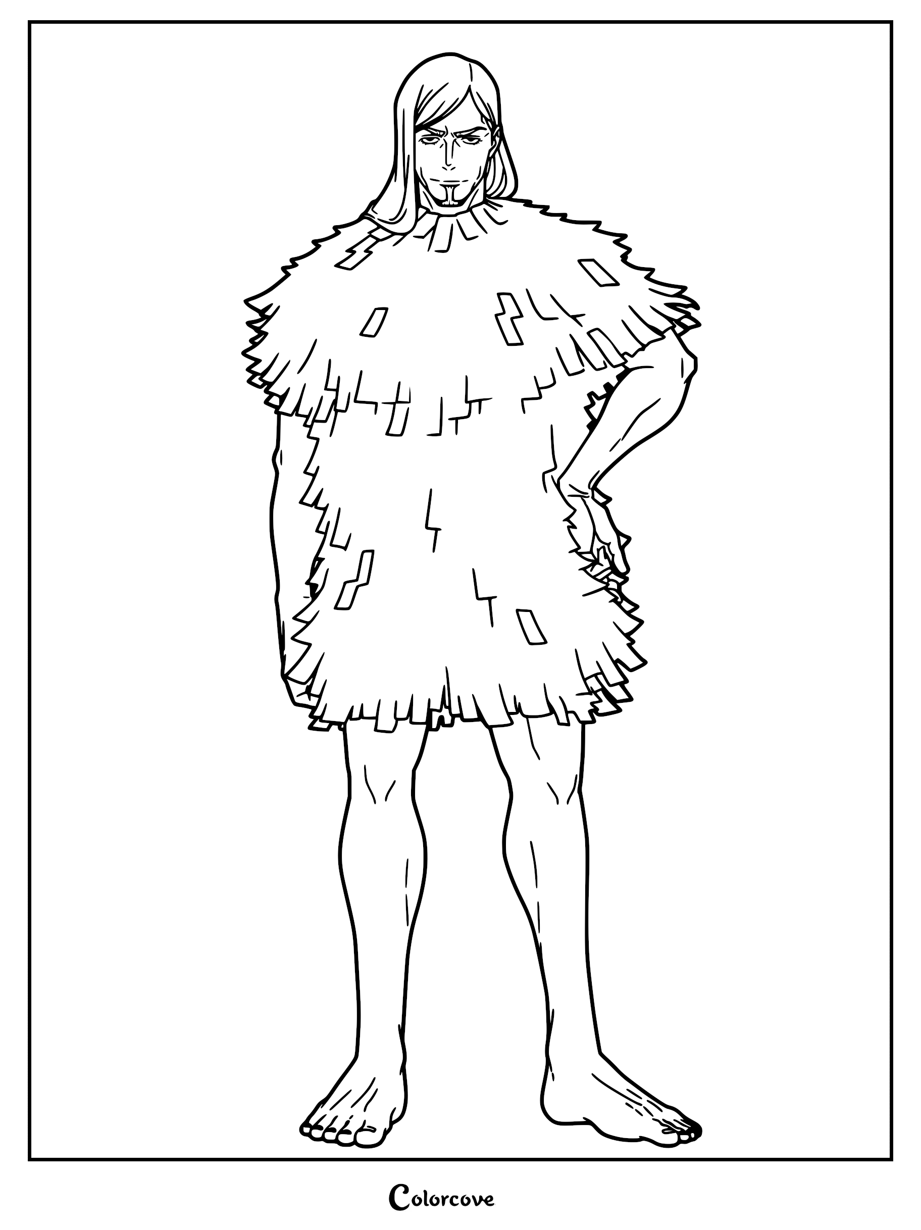 A printable coloring page of Reggie Star from Jujutsu Kaisen, featuring the character with long hair wearing his signature shaggy, receipt-covered poncho.