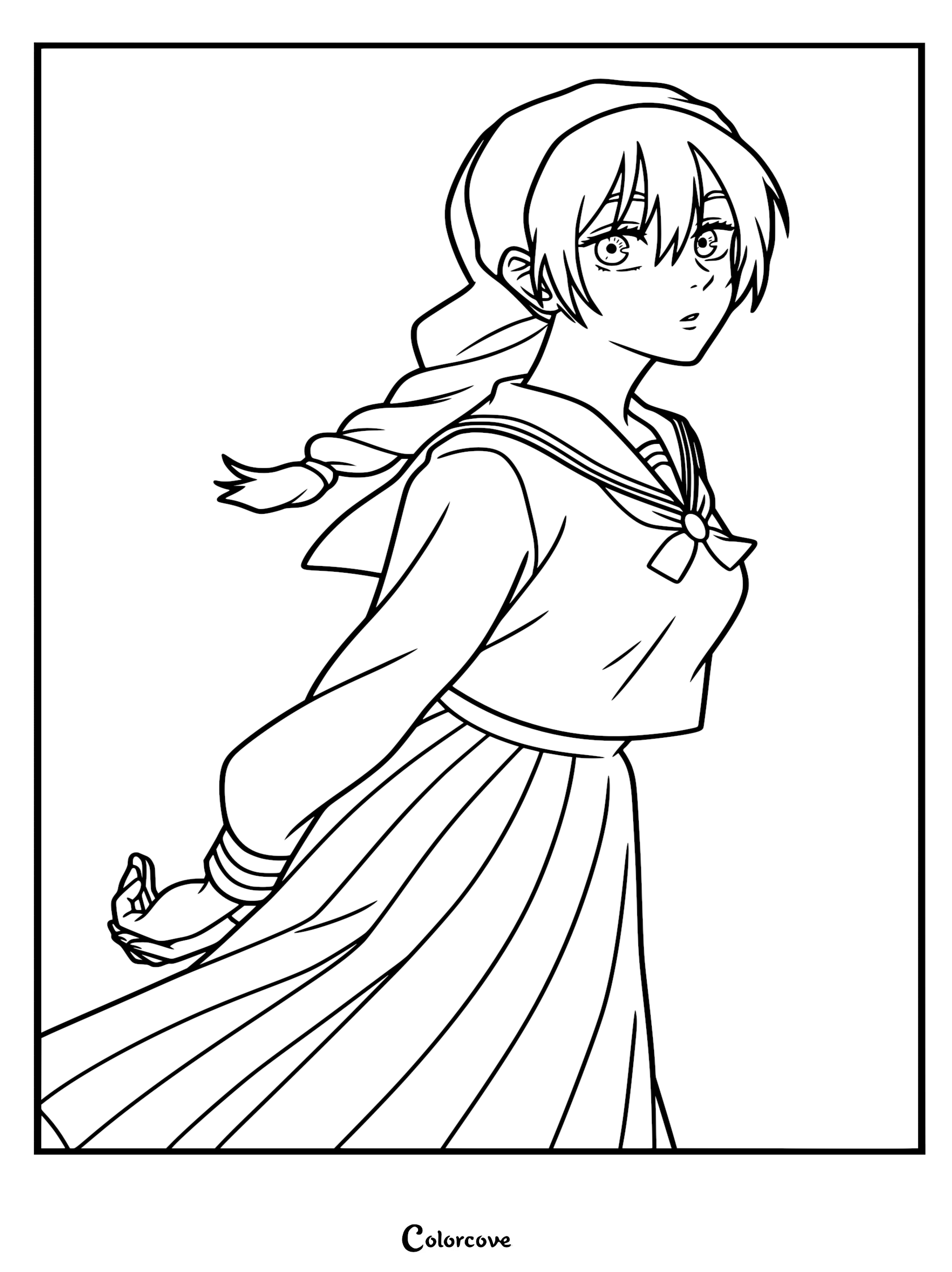 A detailed line art coloring page of Riko Amanai from Jujutsu Kaisen, featuring her in a school sailor uniform with her hair in a braided ponytail looking over her shoulder.
