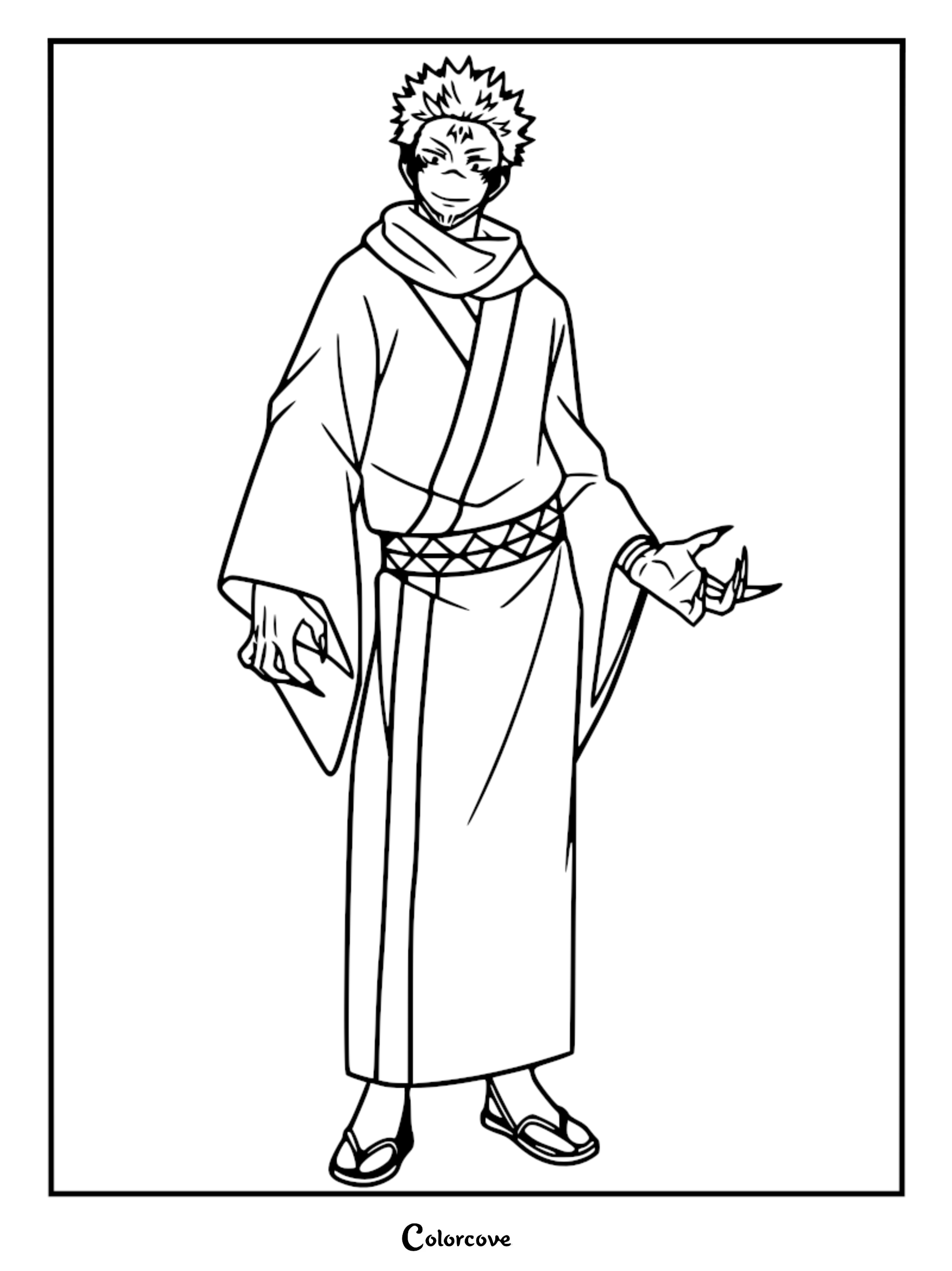 A detailed line art coloring page of Ryomen Sukuna from Jujutsu Kaisen, wearing his traditional kimono with a patterned obi sash, standing with sharp claws and spiked hair.
