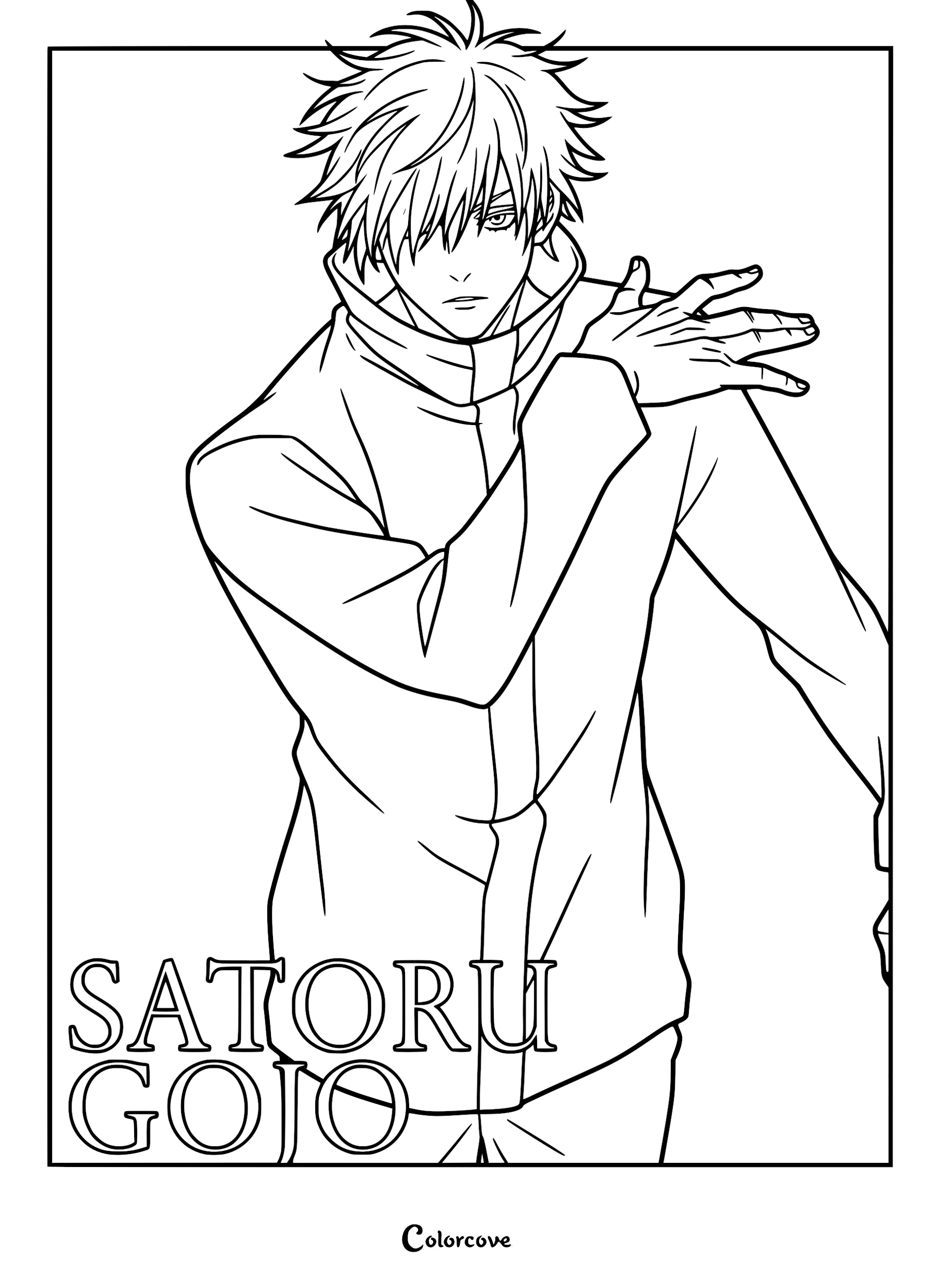 A detailed line art coloring page of Satoru Gojo from Jujutsu Kaisen, featuring his signature spiky hair and high-collared uniform with his hand raised in a dynamic pose.