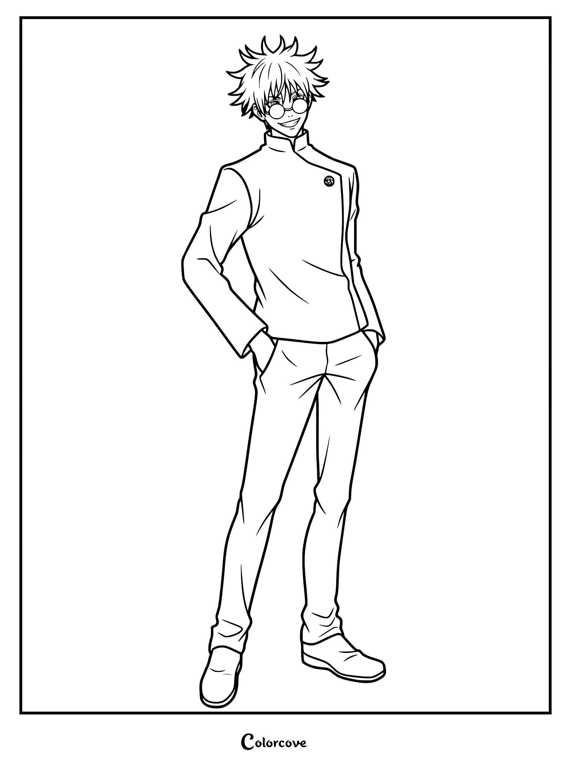 Young Satoru Gojo wearing small round sunglasses and a high-collared uniform in this detailed Jujutsu Kaisen coloring page.