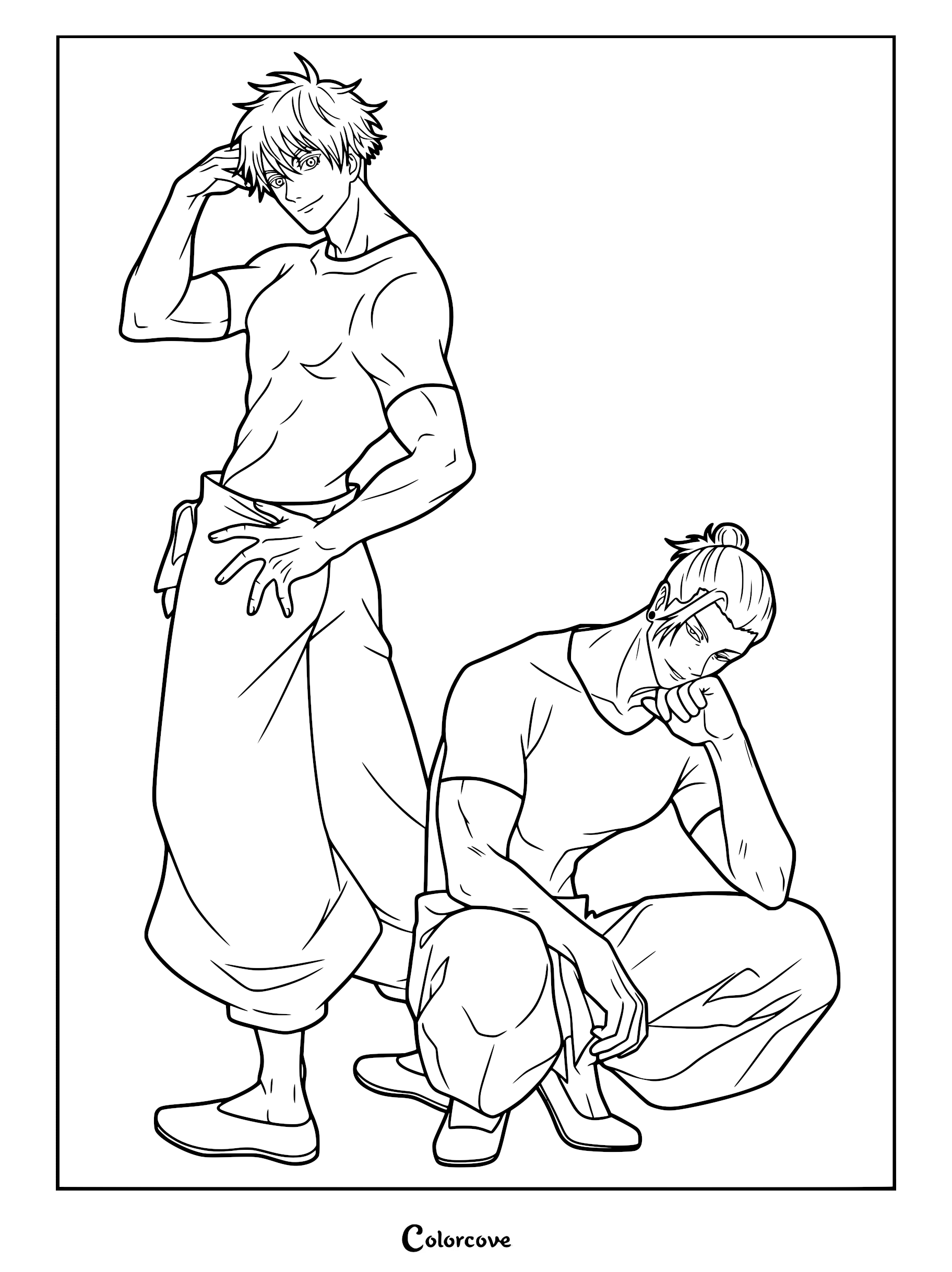 Line art coloring page featuring Satoru Gojo standing and Suguru Geto crouching in casual outfits.