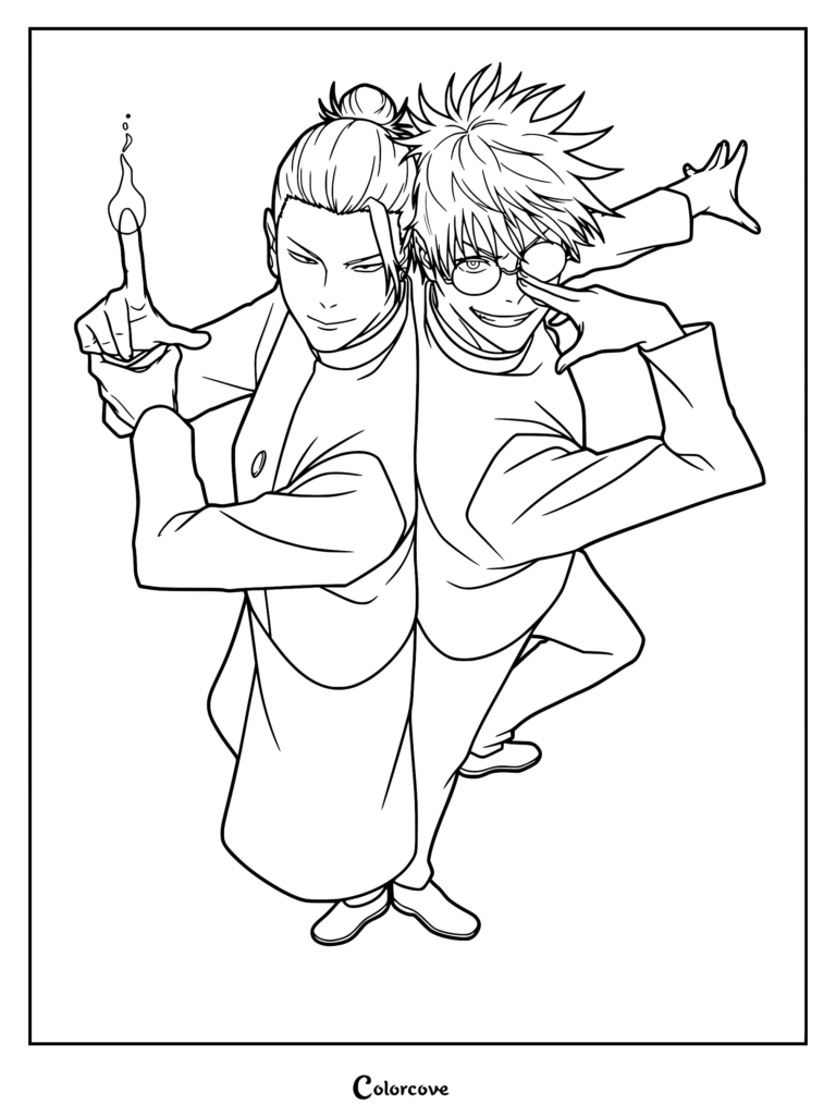 Une page de coloriage au trait détaillée représentant Satoru Gojo portant des lunettes rondes et Suguru Geto avec ses cheveux en chignon haut, se tenant dos à dos dans une pose dynamique.