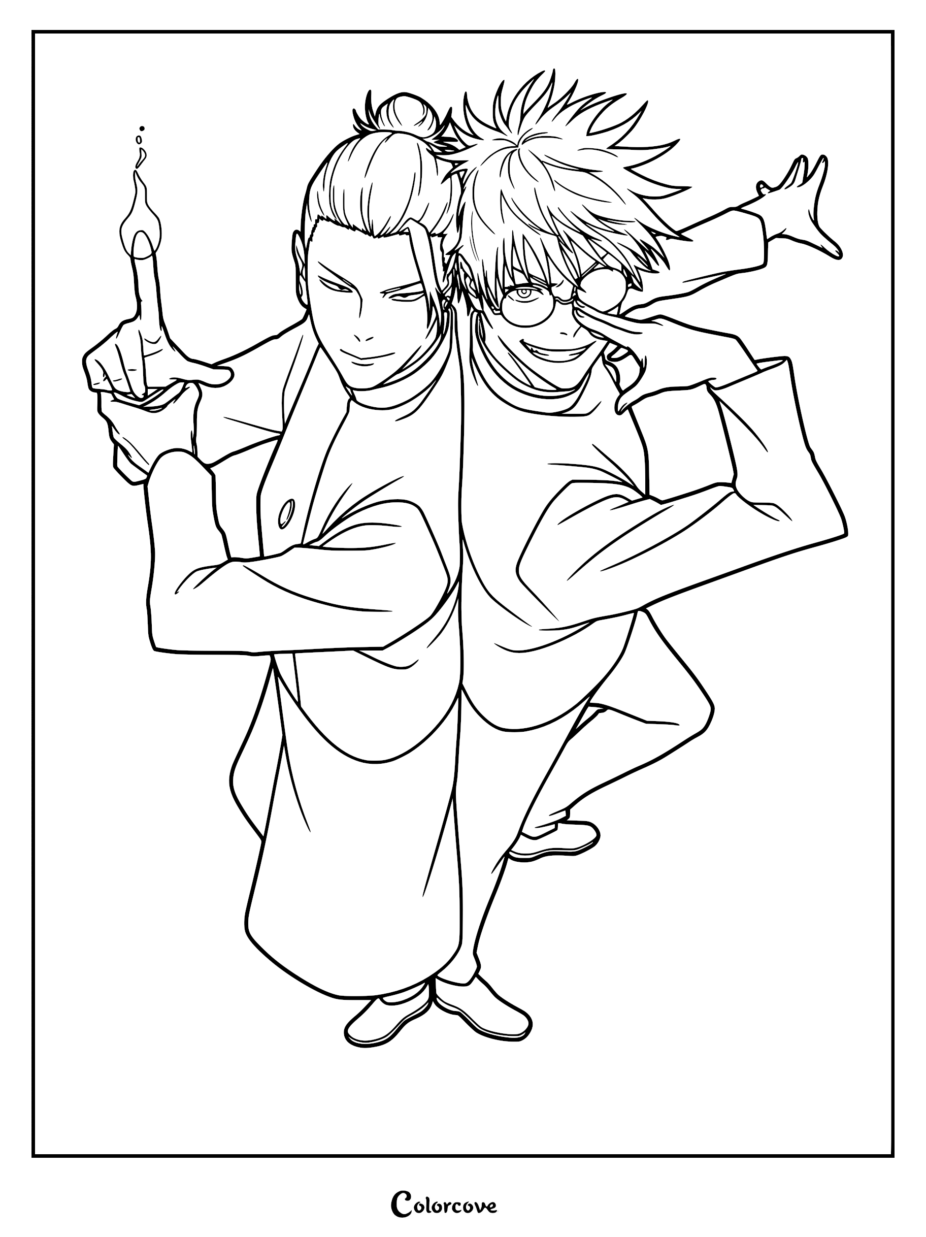 A detailed line art coloring page featuring Satoru Gojo wearing round glasses and Suguru Geto with his hair in a topknot, standing back-to-back in a dynamic pose.