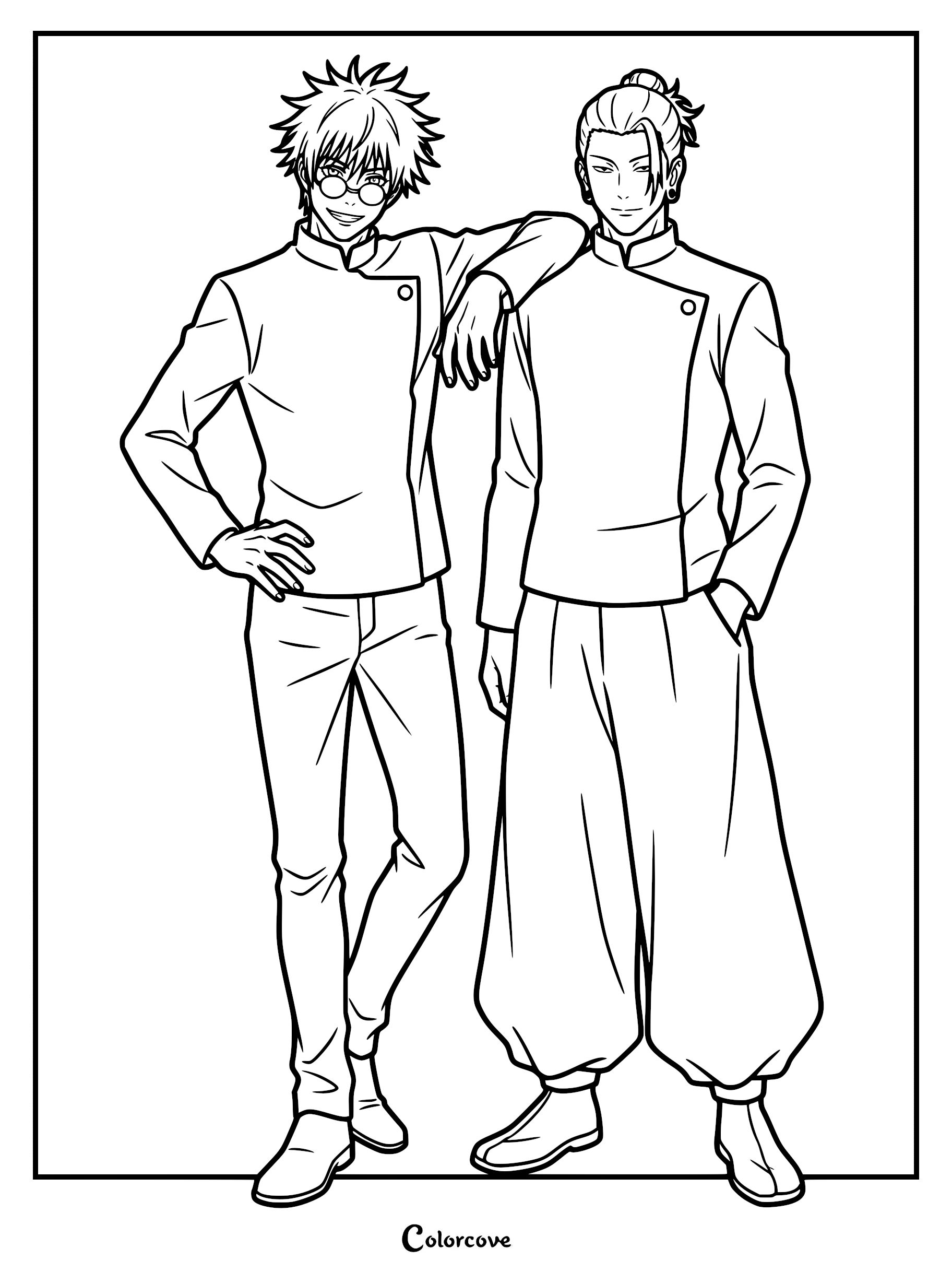 Printable coloring page featuring Satoru Gojo wearing round glasses and Suguru Geto with a top knot, both dressed in Jujutsu High uniforms.