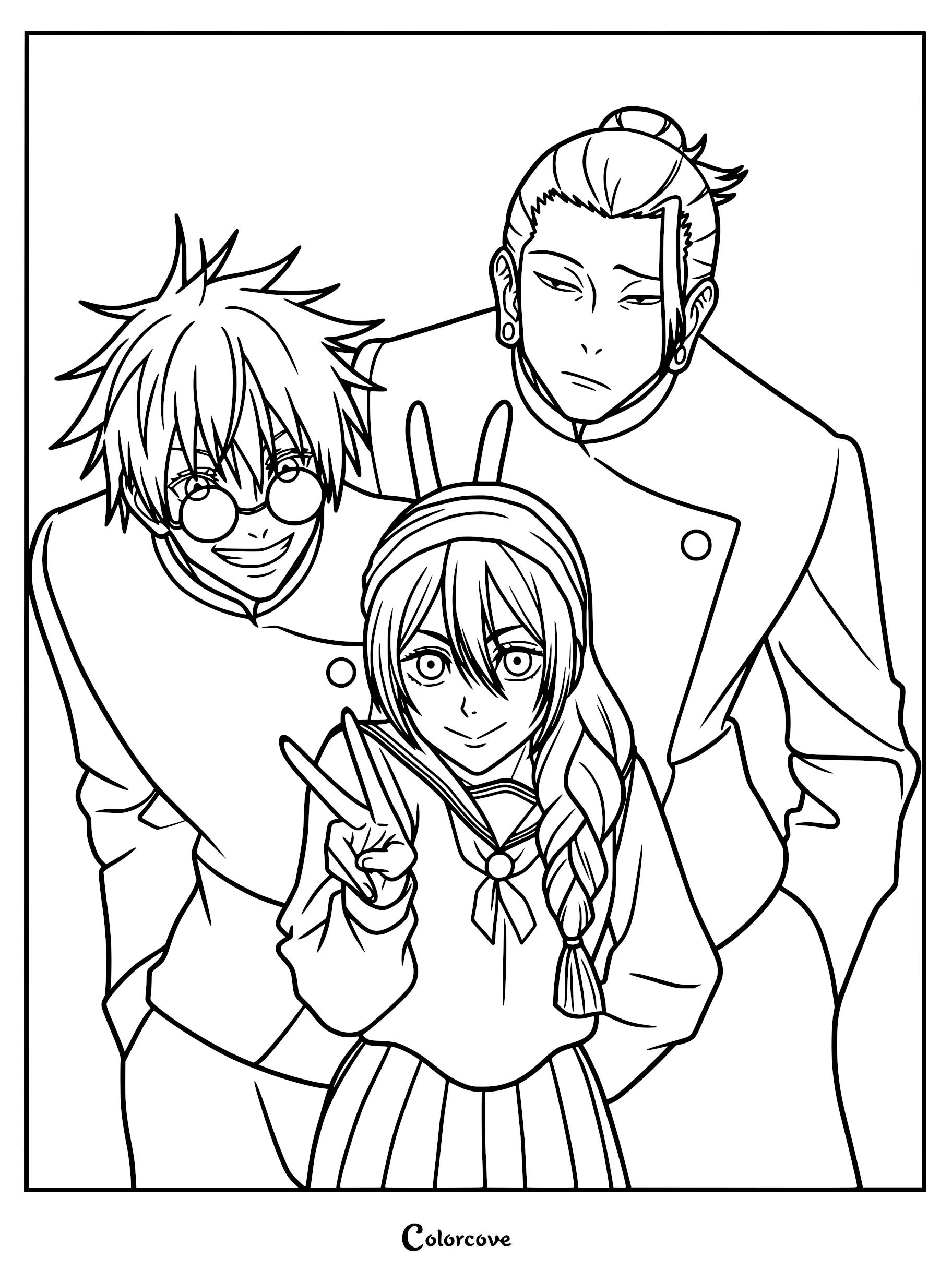Jujutsu Kaisen coloring page featuring Satoru Gojo wearing round glasses, Suguru Geto with his hair in a bun, and Riko Amanai making a peace sign.