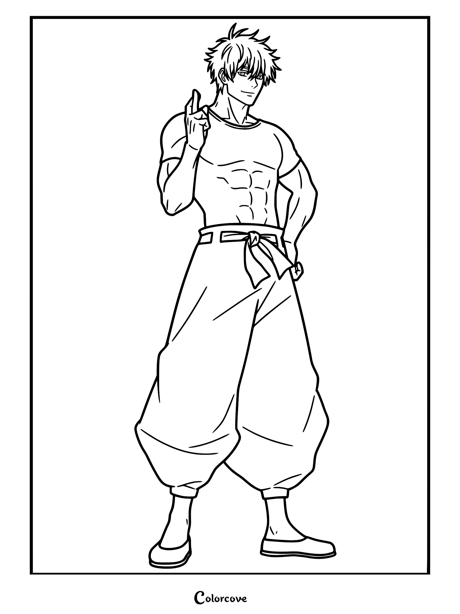 A printable coloring page featuring Gintoki Sakata from Gintama standing shirtless with a muscular build, wearing loose hakama pants and holding one finger up.