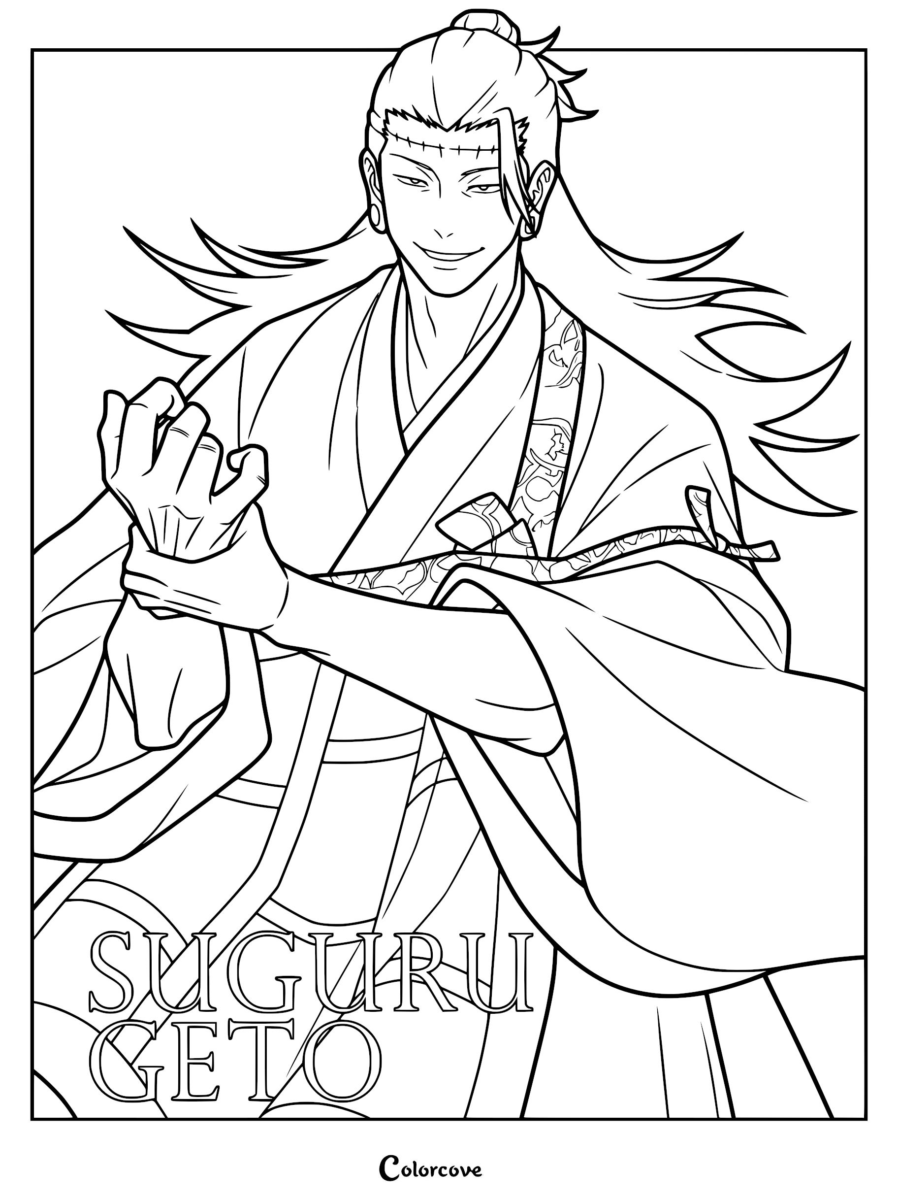A detailed line art coloring page of Suguru Geto from Jujutsu Kaisen, featuring his signature long hair, forehead stitches, and traditional robes while gripping his wrist.