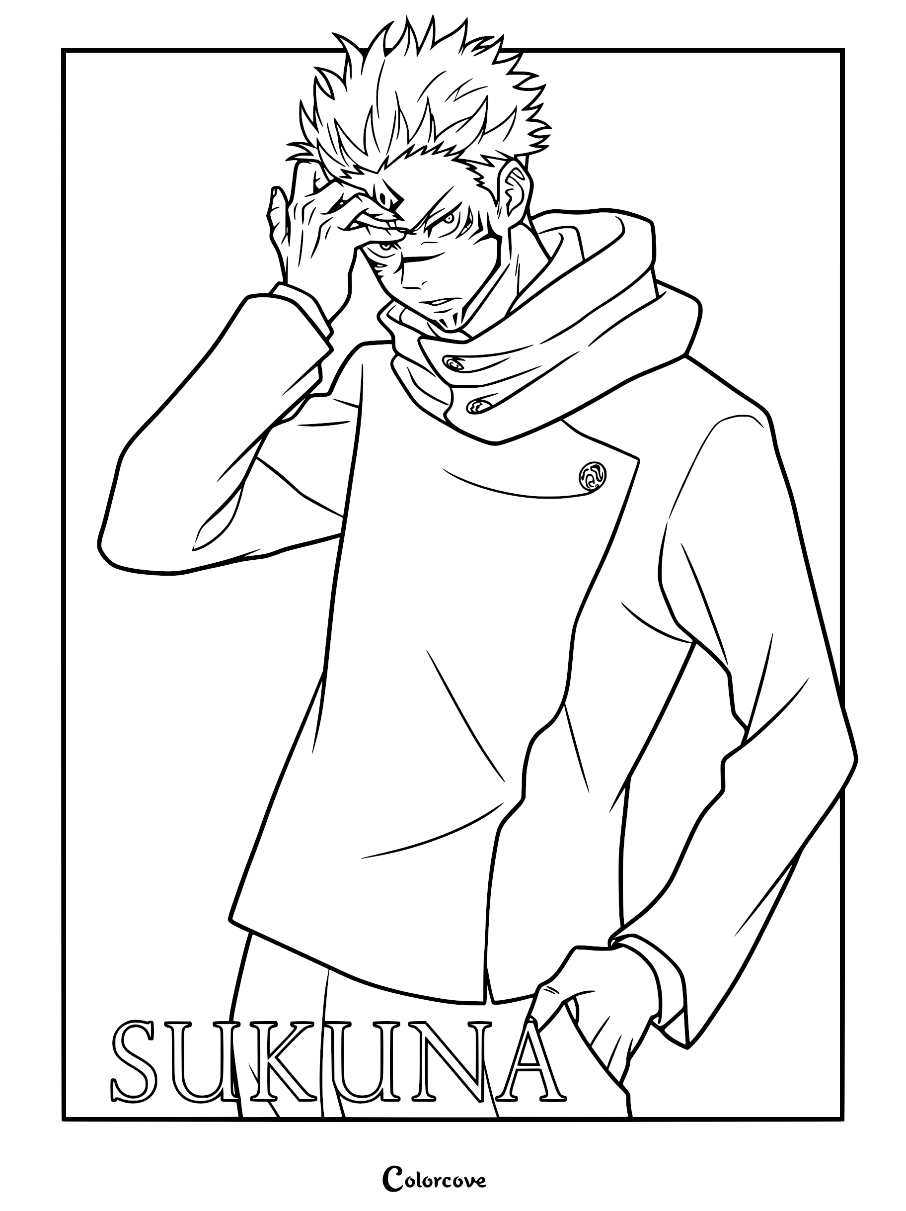 Ryomen Sukuna from Jujutsu Kaisen with spiky hair and facial markings in a line art coloring page style.