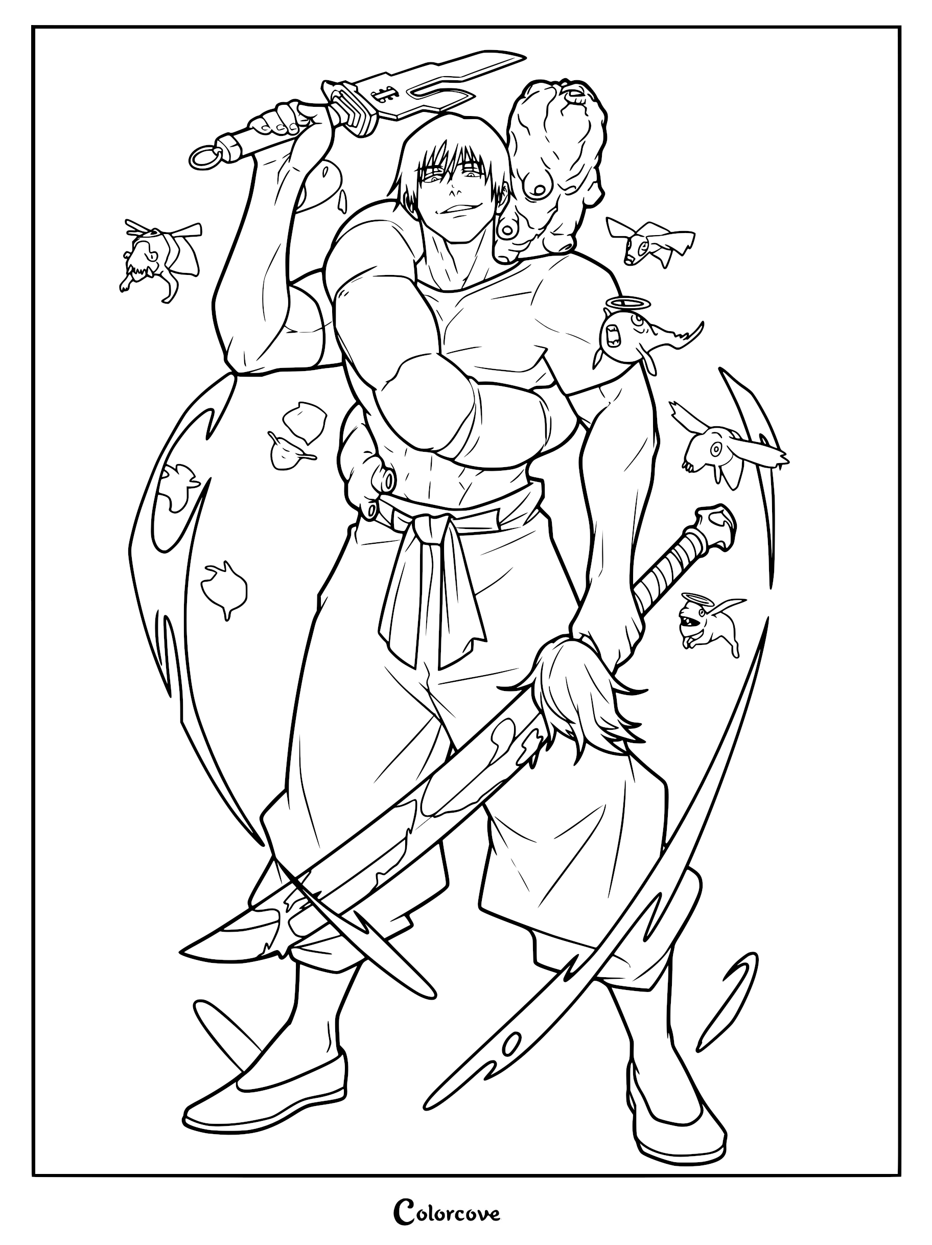 Toji Fushiguro holding the Inverted Spear of Heaven and a large blade, surrounded by cursed spirits in this Jujutsu Kaisen coloring page.