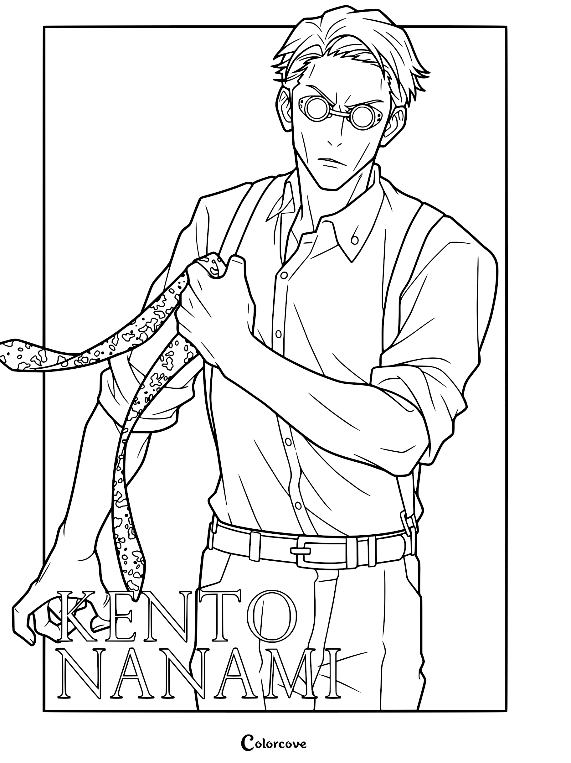 Kento Nanami from Jujutsu Kaisen adjusting his patterned necktie, wearing goggles and a button-down shirt, printable line art coloring page.