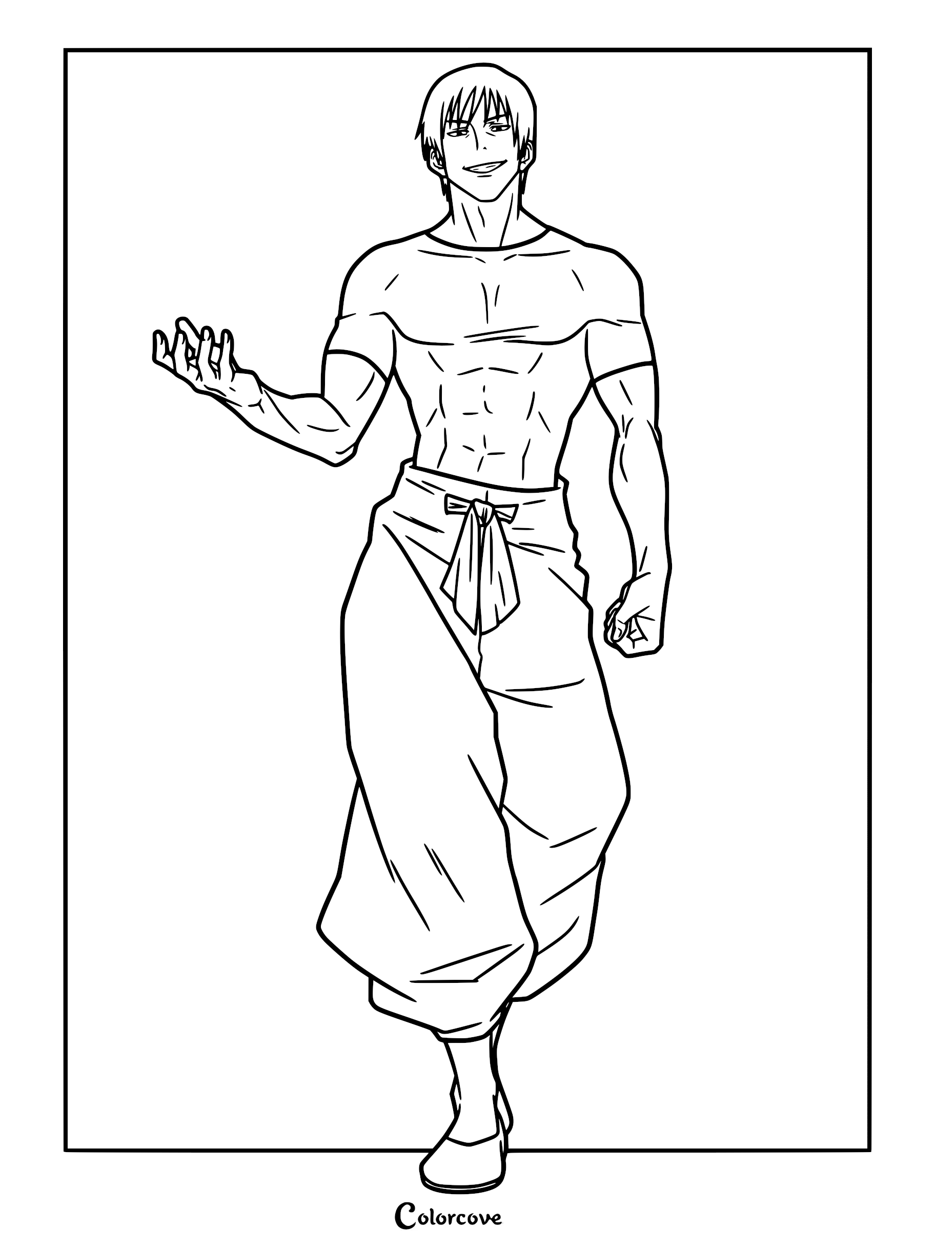 Toji Fushiguro from Jujutsu Kaisen standing with a smirk, wearing loose pants and a tight shirt, featured in a printable coloring page.