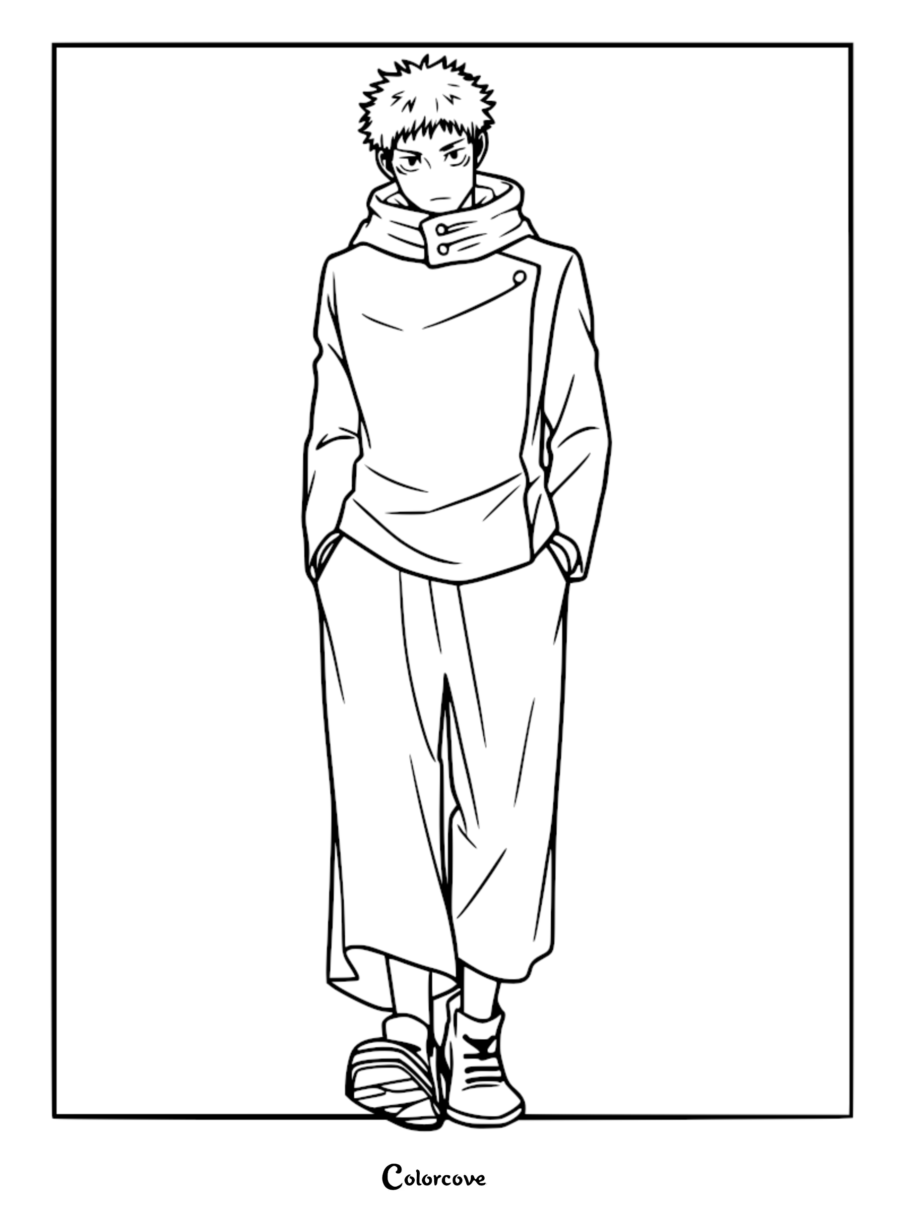 Yuji Itadori standing with hands in his pockets wearing his Jujutsu High uniform in this printable coloring page.