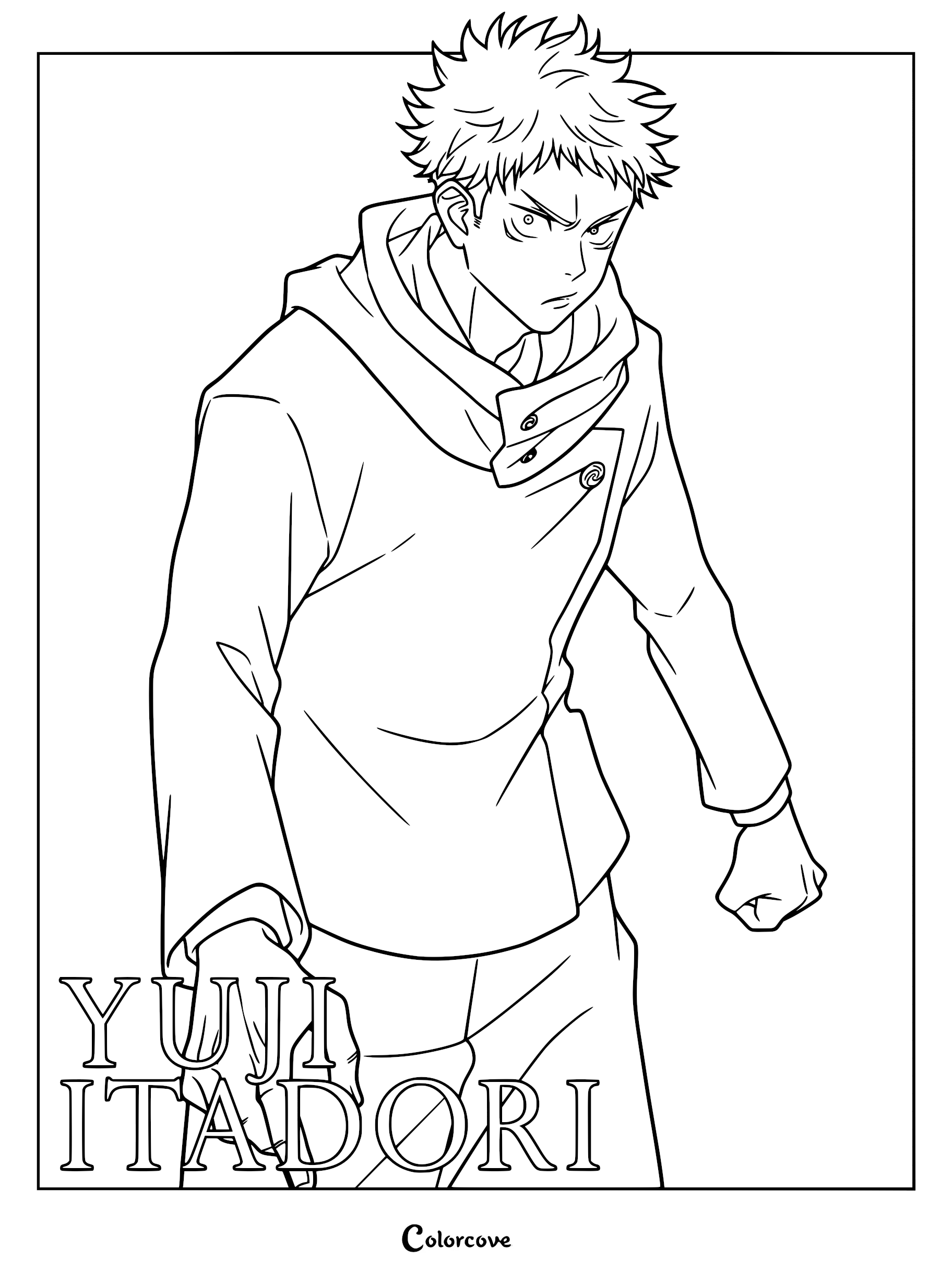 A detailed line art coloring page of Yuji Itadori from Jujutsu Kaisen, featuring his signature spiky hair, high-collared uniform, and an intense, focused facial expression.