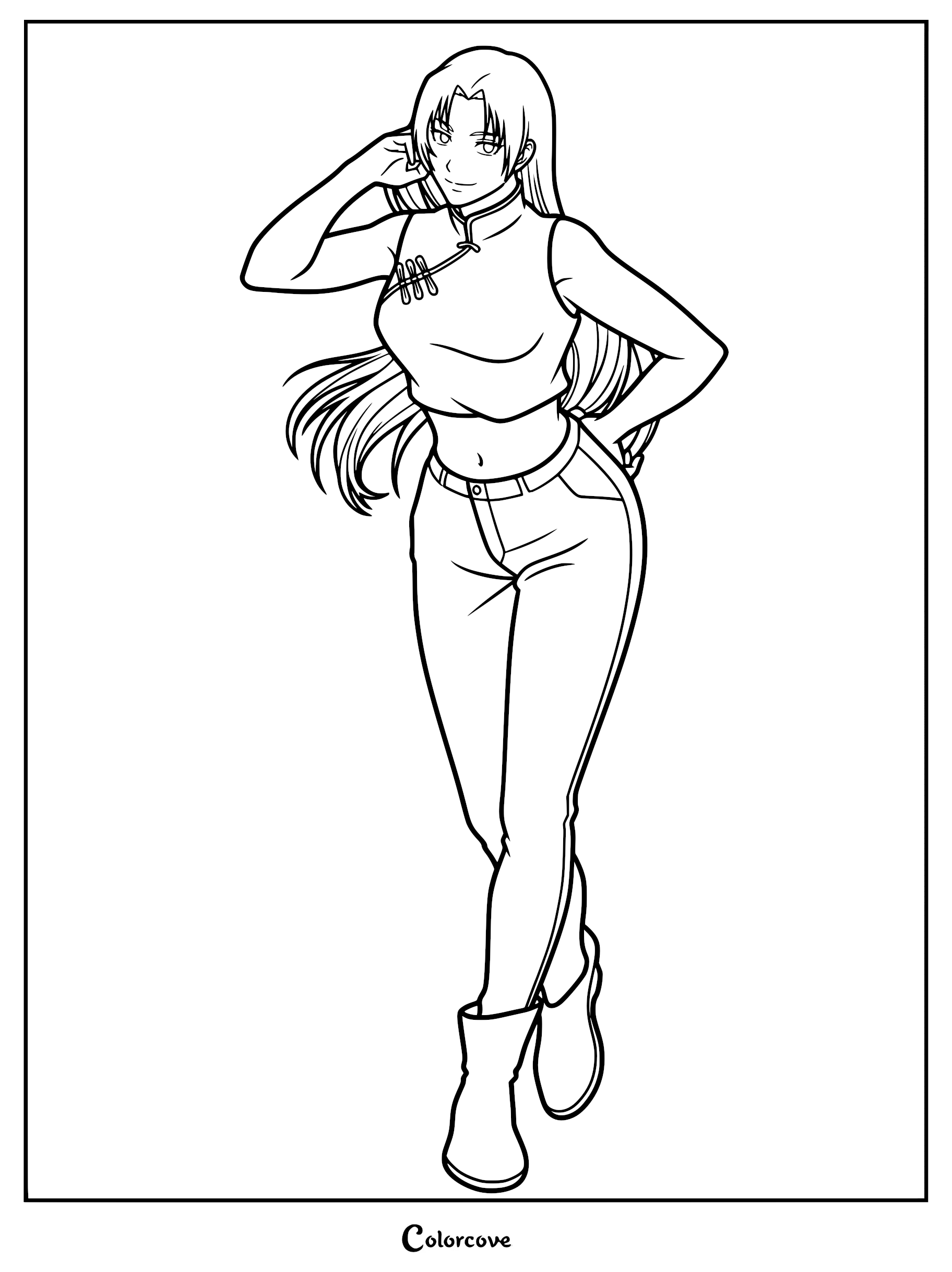 A detailed line art coloring page of Yuki Tsukumo from Jujutsu Kaisen, featuring her long hair, sleeveless high-neck top, and fitted pants in a standing pose.