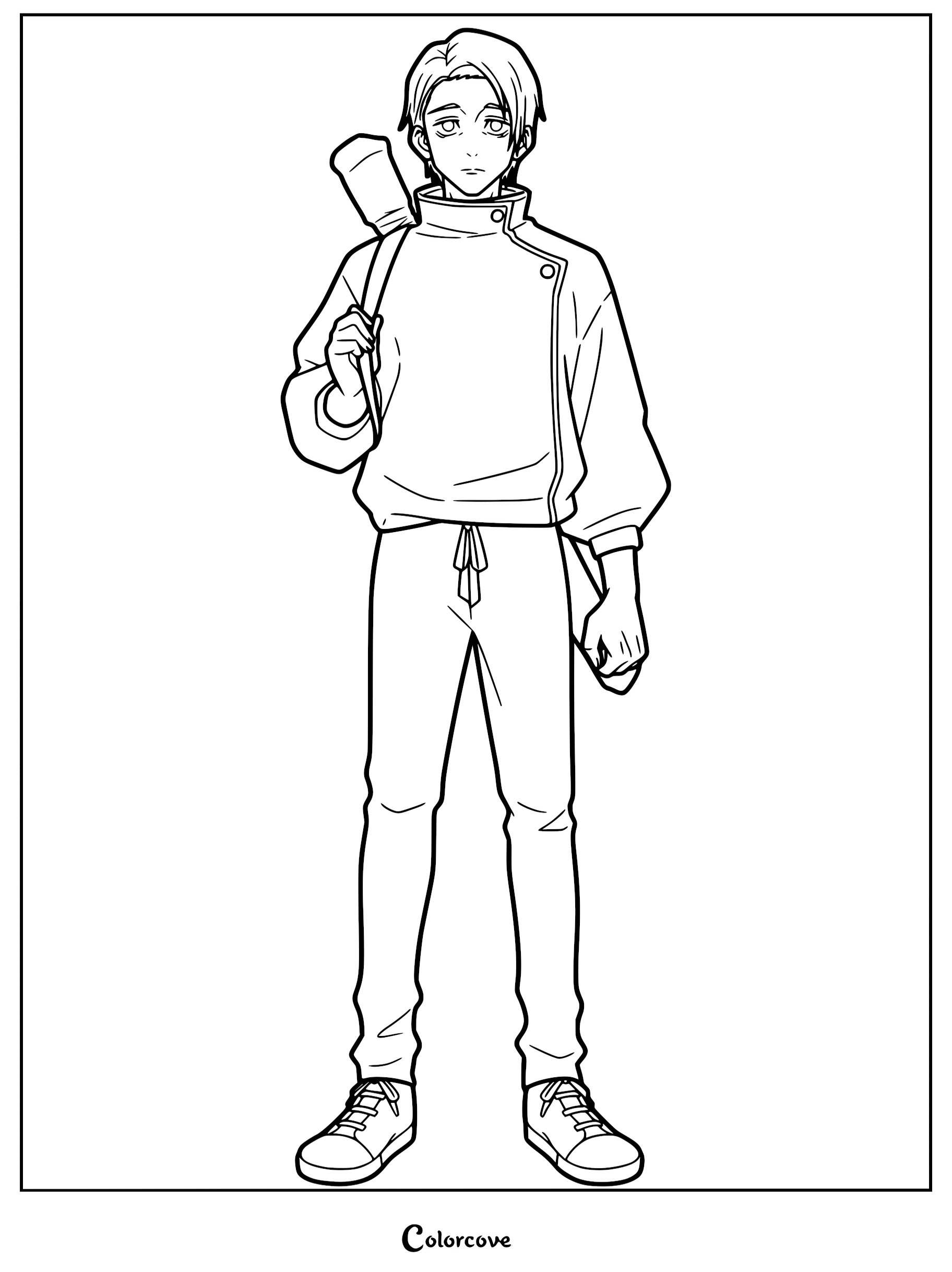 Yuta Okkotsu from Jujutsu Kaisen standing with his katana on his shoulder, detailed line art coloring page.