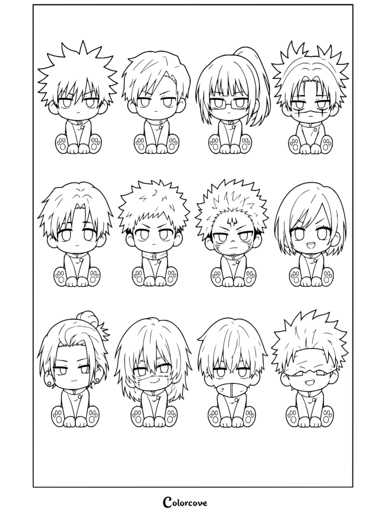 Coloriage Jujutsu Kaisen présentant une mosaïque de personnages chibi dont Megumi, Kento, Maki, Choso, Yuta, Itadori, Sukuna, Nobara, Geto, Mahito, Toge et Gojo assis avec des pattes de chat.