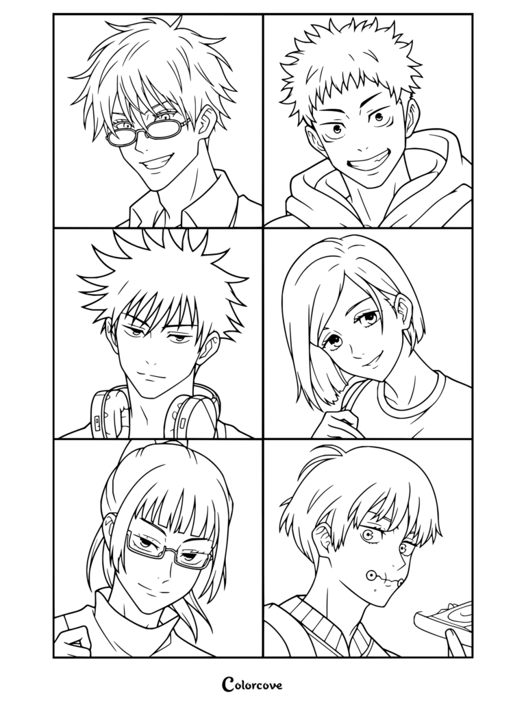 Coloriage Jujutsu Kaisen présentant une grille de portraits de personnages incluant Gojo, Itadori, Fushiguro, Kugisaki, Maki et Toge.