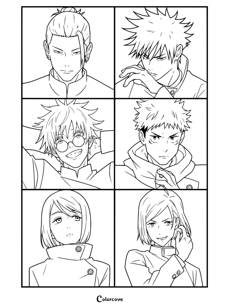 Coloriage sous forme de mosaïque de portraits Jujutsu Kaisen réunissant Satoru Gojo, Yuji Itadori, Megumi Fushiguro, Nobara Kugisaki et Suguru Geto.