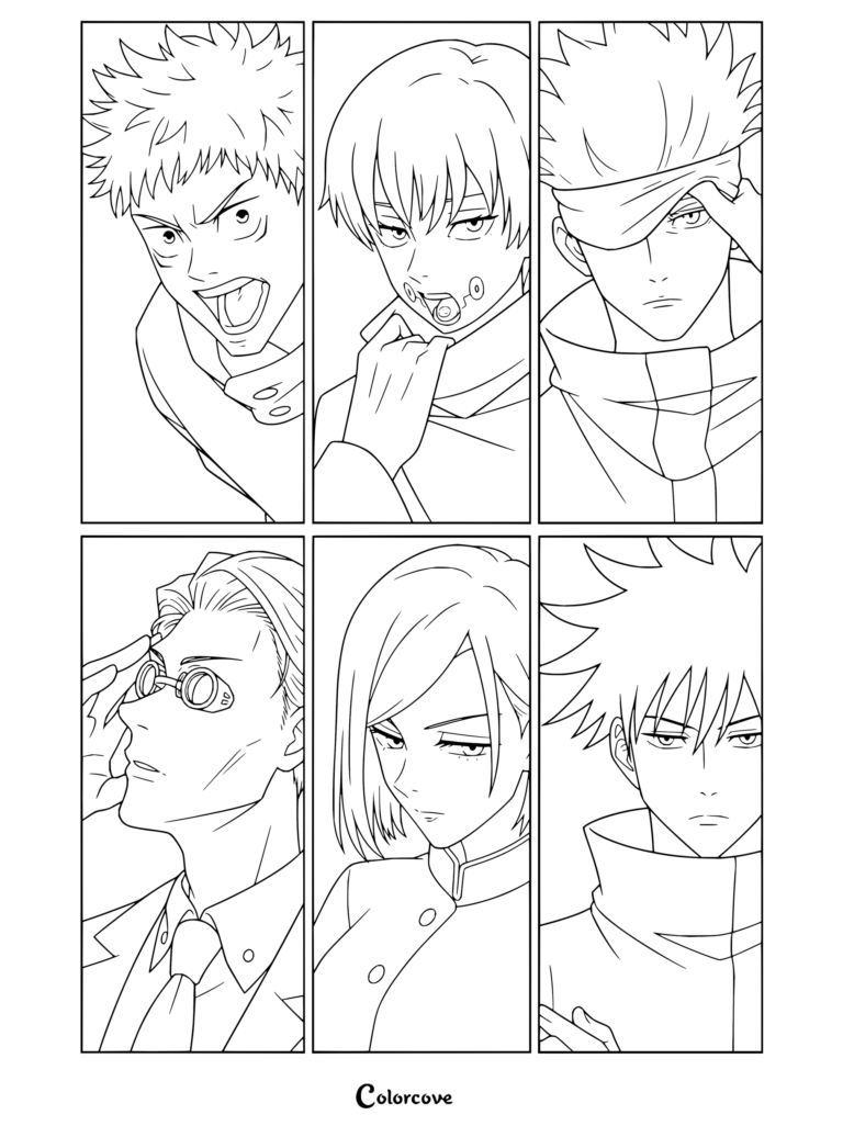 Coloriage Jujutsu Kaisen présentant une mosaïque de portraits des personnages Yuji Itadori, Toge Inumaki, Satoru Gojo, Kento Nanami, Nobara Kugisaki et Megumi Fushiguro.