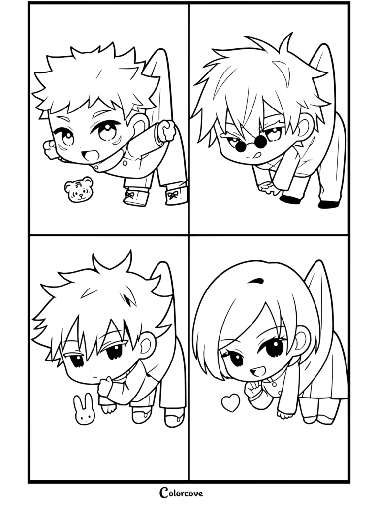 Coloriage Jujutsu Kaisen avec les personnages chibi Yuji Itadori, Satoru Gojo, Megumi Fushiguro et Nobara Kugisaki prenant la pose de citrouilles d'Halloween.