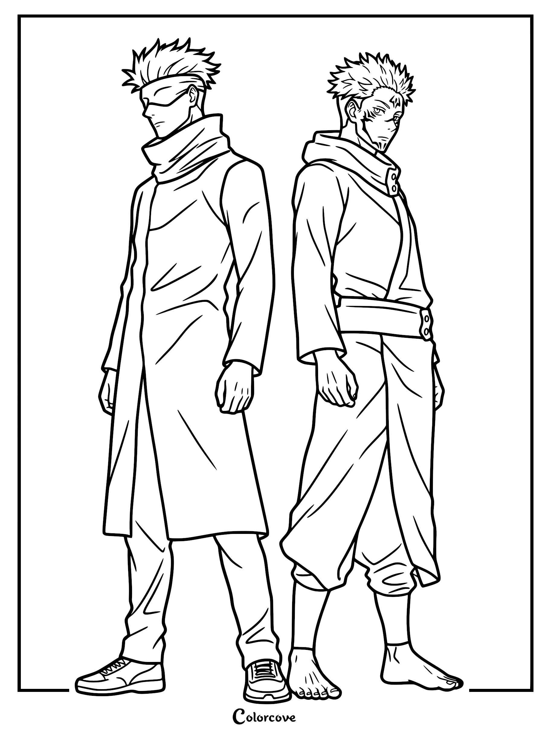 Printable coloring page featuring Satoru Gojo wearing his blindfold and Ryomen Sukuna with facial markings standing back to back.