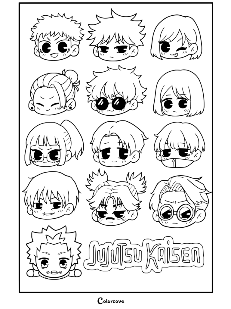 Planche de stickers chibi à colorier Jujutsu Kaisen mettant en scène les têtes de Yuji, Megumi, Nobara, Geto, Gojo, Shoko, Maki, Yuta, Toge, Toji, Todo et Sukuna.