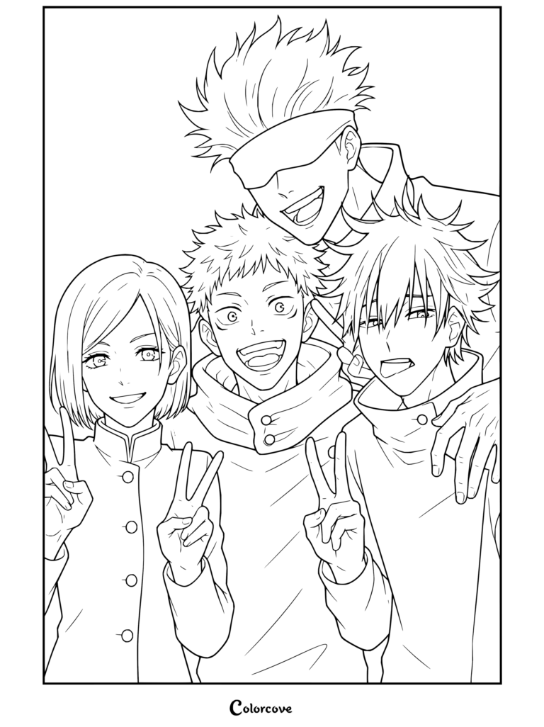 Coloriage Jujutsu Kaisen de Satoru Gojo tout sourire avec Yuji Itadori, Megumi Fushiguro et Nobara Kugisaki prenant une photo de groupe.