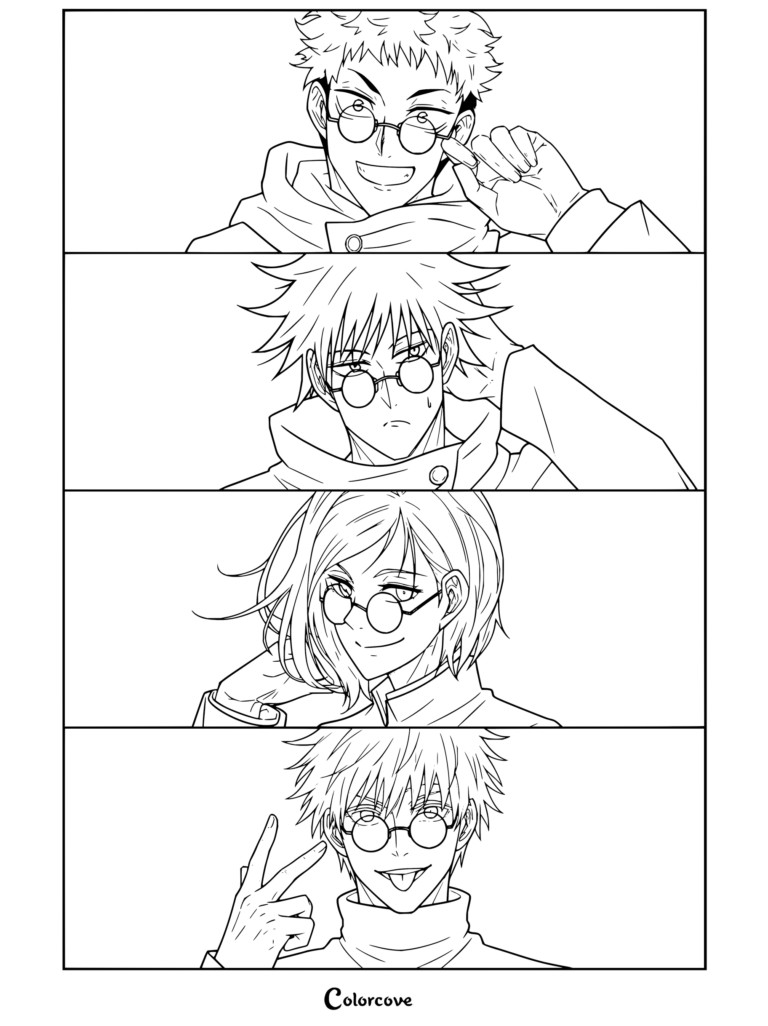Coloriage de Jujutsu Kaisen avec Yuji, Megumi, Nobara et Gojo portant des lunettes de soleil rondes réparties sur quatre cases.