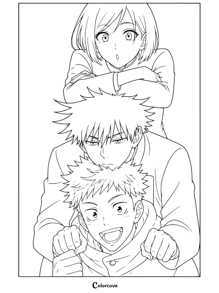 Coloriage de Jujutsu Kaisen avec Nobara, Megumi et Yuji empilés à la verticale, souriants et regardant vers l'avant.