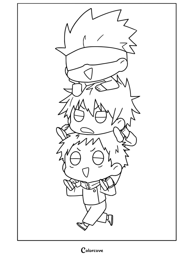 Coloriage d'une pyramide humaine chibi avec Satoru Gojo, Megumi Fushiguro et Yuji Itadori pour les fans de Jujutsu Kaisen.