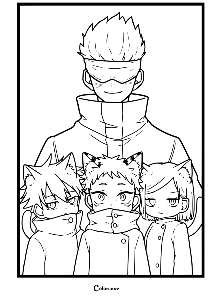 Coloriage de Jujutsu Kaisen avec Satoru Gojo au bandeau posant derrière Megumi Fushiguro, Yuji Itadori et Nobara Kugisaki affublés d'oreilles et de queues d'animaux.