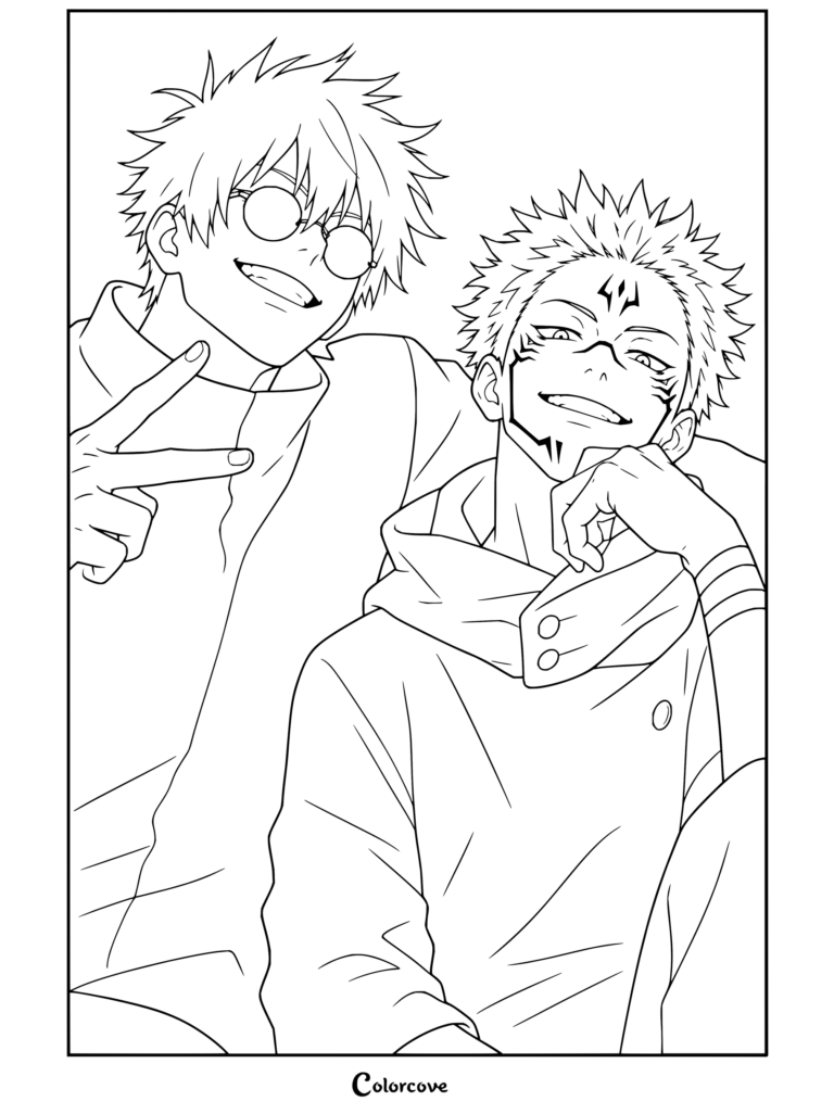 Coloriage Jujutsu Kaisen montrant Satoru Gojo aux cheveux blancs et lunettes rondes faisant un signe de paix aux côtés de Sukuna orné de ses marques faciales.
