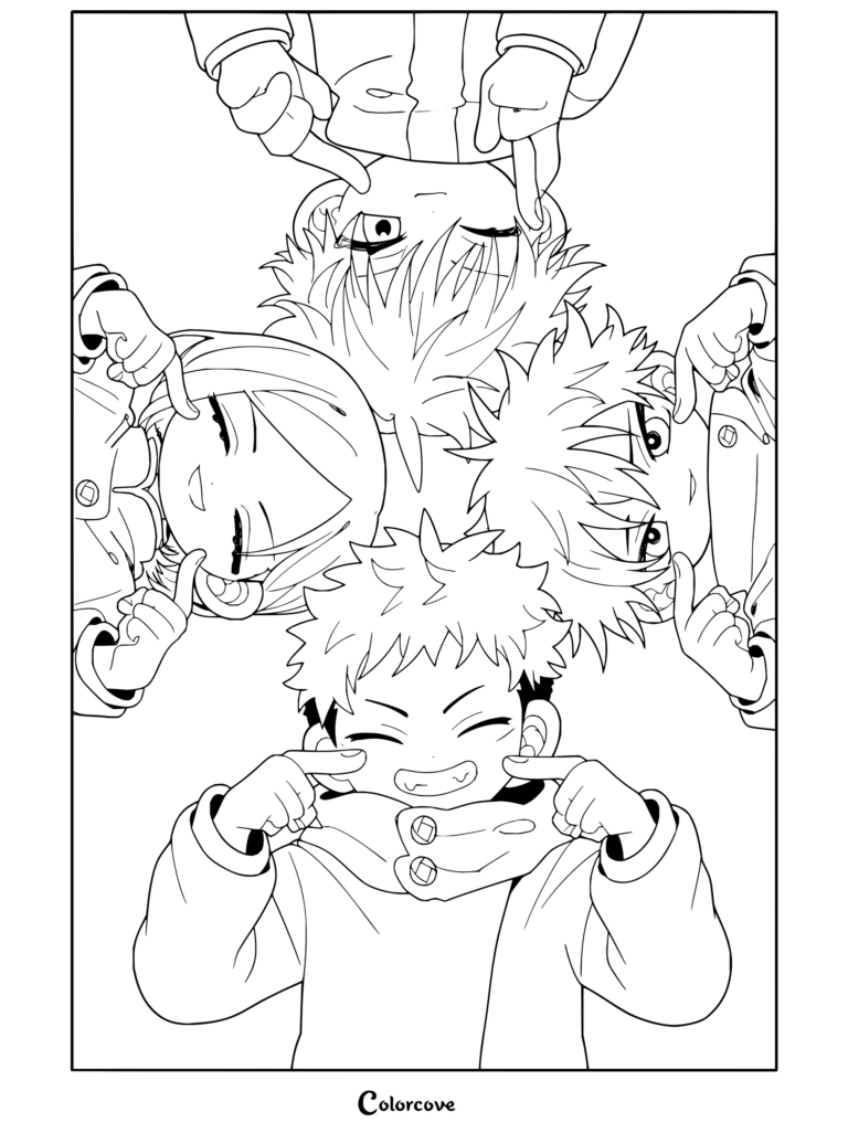 Coloriage de Jujutsu Kaisen mettant en scène Satoru Gojo, Yuji Itadori, Megumi Fushiguro et Nobara Kugisaki souriant et se pinçant les joues en cercle.