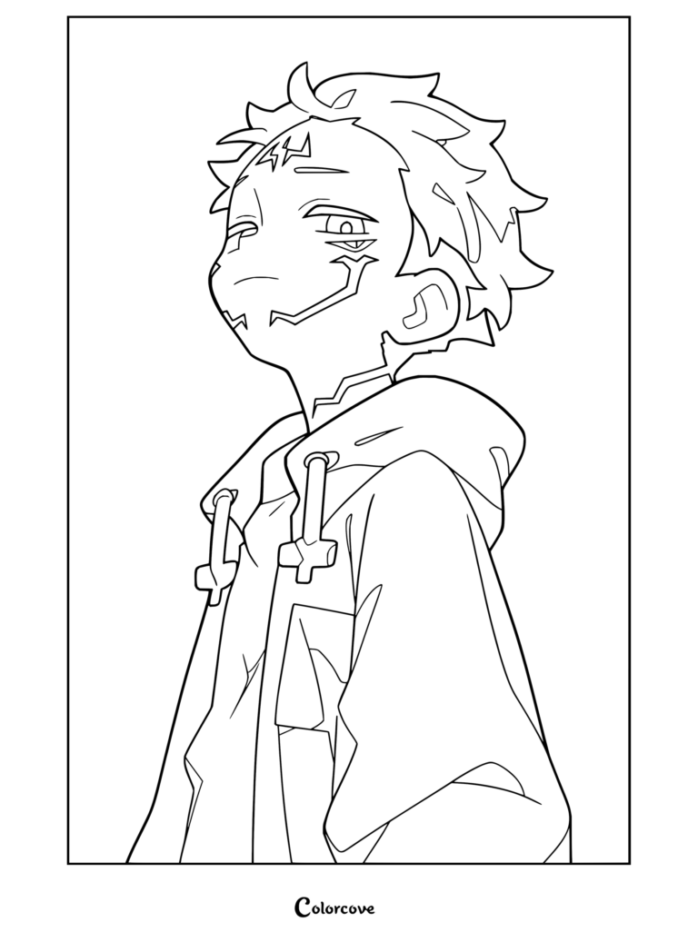Sukuna de Jujutsu Kaisen en version chibi avec ses marques faciales et son sweat à capuche, prêt en coloriage gratuit.