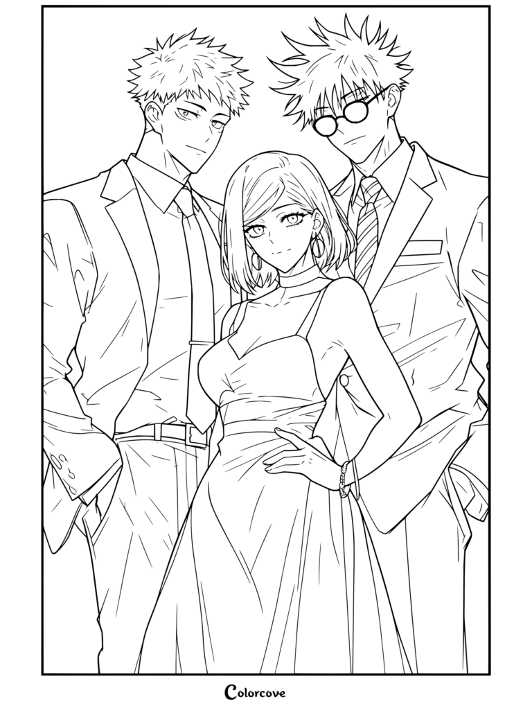 Coloriage gratuit de Jujutsu Kaisen montrant Yuji Itadori, Megumi Fushiguro et Nobara Kugisaki vêtus de tenues de soirée lors d'une fête.