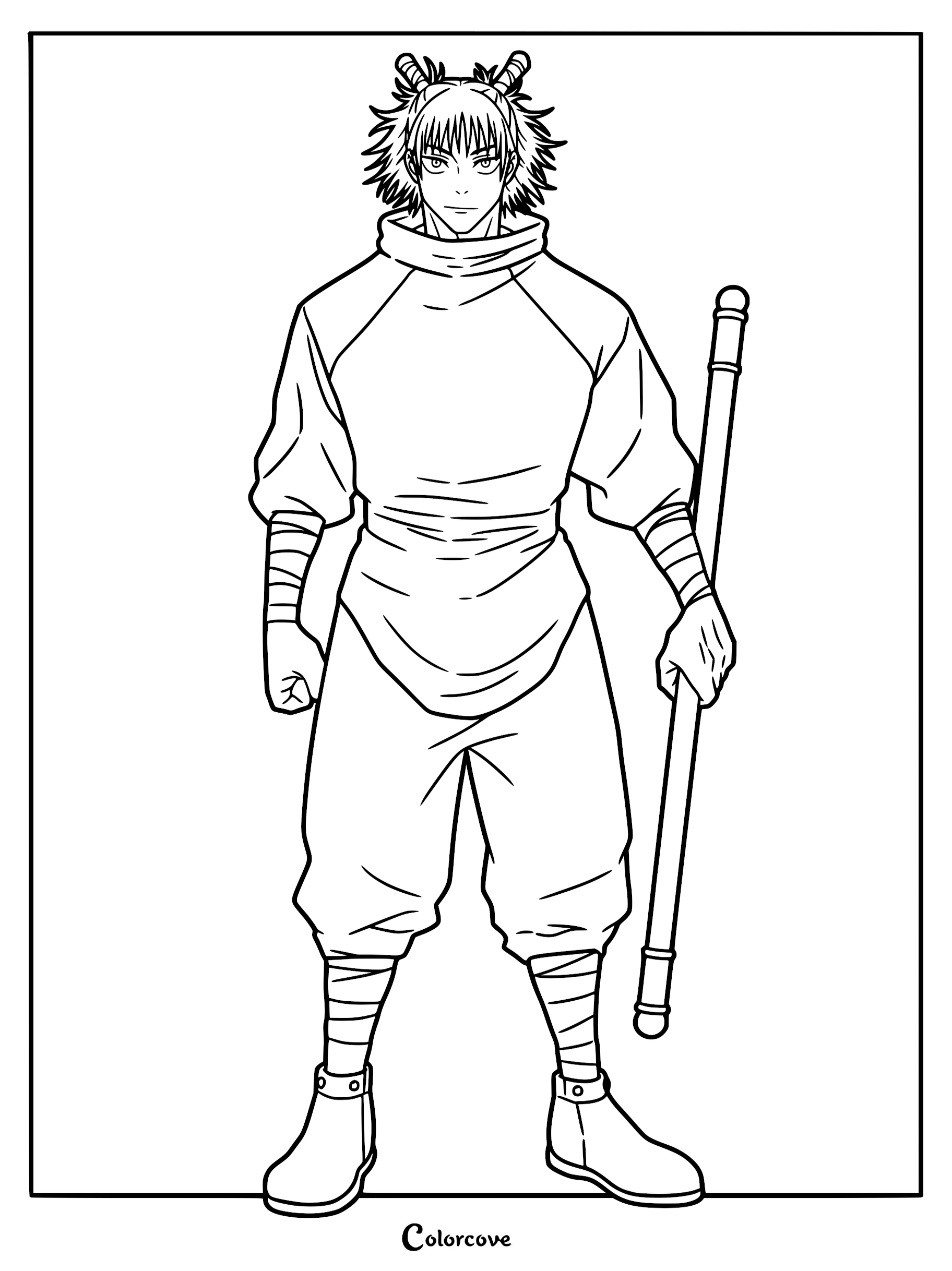Hajime Kashimo standing with his staff in a Jujutsu Kaisen coloring page featuring his signature spiky hair and wrapped forearms.