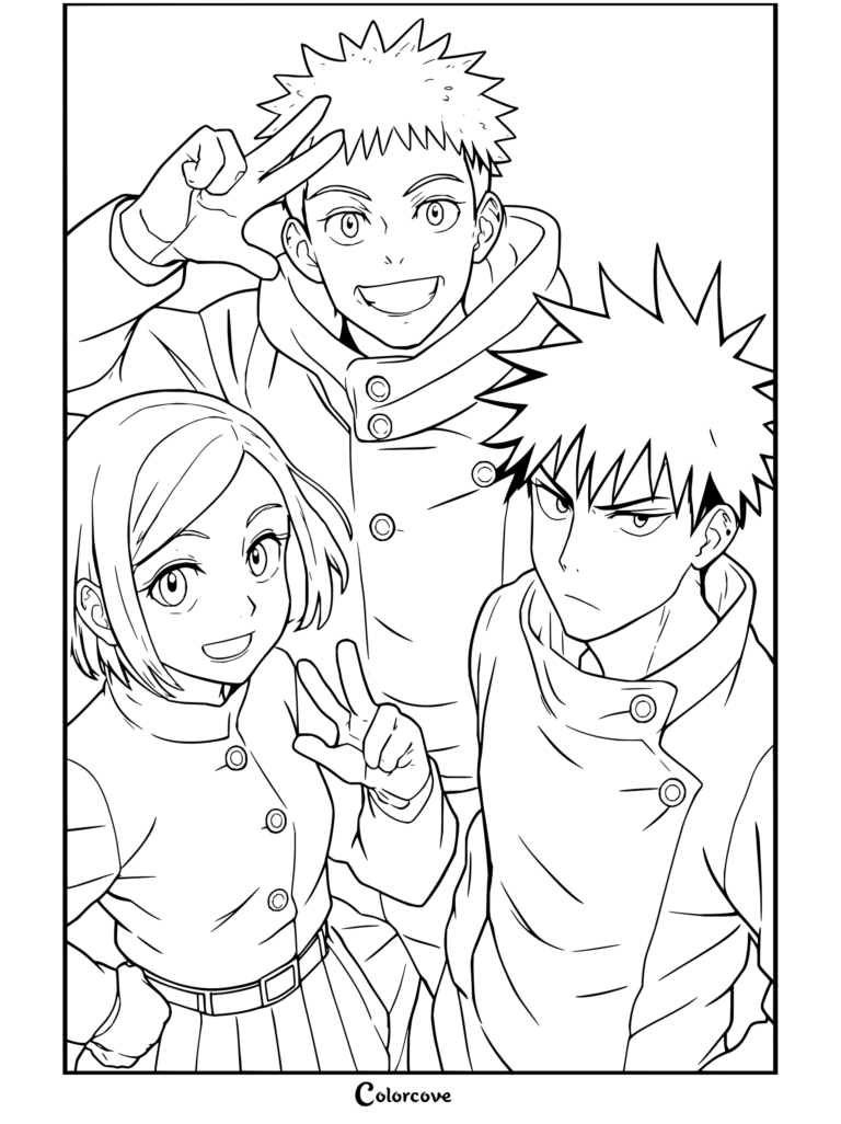 Coloriage de Jujutsu Kaisen montrant Yuji Itadori, Megumi Fushiguro et Nobara Kugisaki souriant et posant en uniformes du Lycée Exorciste de Tokyo