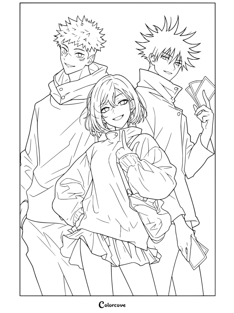 Coloriage à imprimer de Yuji Itadori, Megumi Fushiguro et Nobara Kugisaki tenant des billets dans Jujutsu Kaisen.