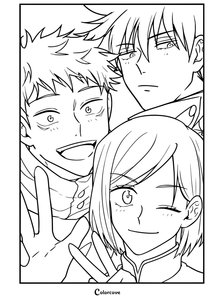 Coloriage de Jujutsu Kaisen avec Yuji Itadori, Megumi Fushiguro et Nobara Kugisaki prenant un selfie en gros plan, tout sourires avec le signe de la paix.