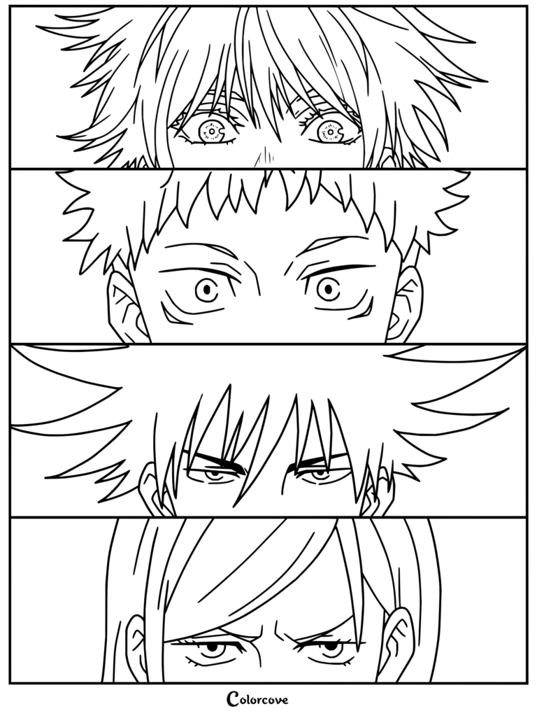 Coloriage Jujutsu Kaisen présentant des gros plans superposés sur le regard et la chevelure emblématiques de Satoru Gojo, Yuji Itadori, Megumi Fushiguro et Nobara Kugisaki.
