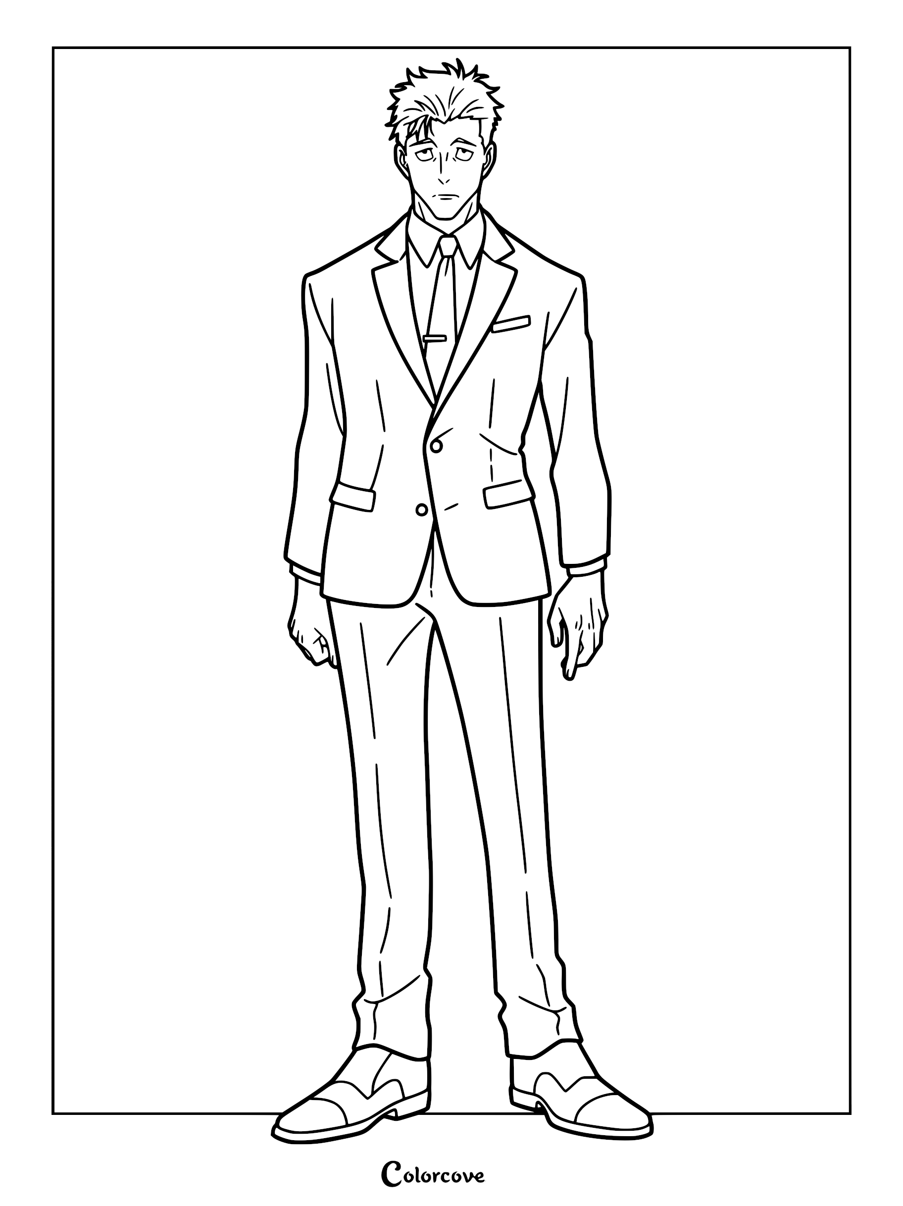 A printable coloring page featuring Hiromi Higuruma from Jujutsu Kaisen, standing in a formal suit and tie with a tired expression.