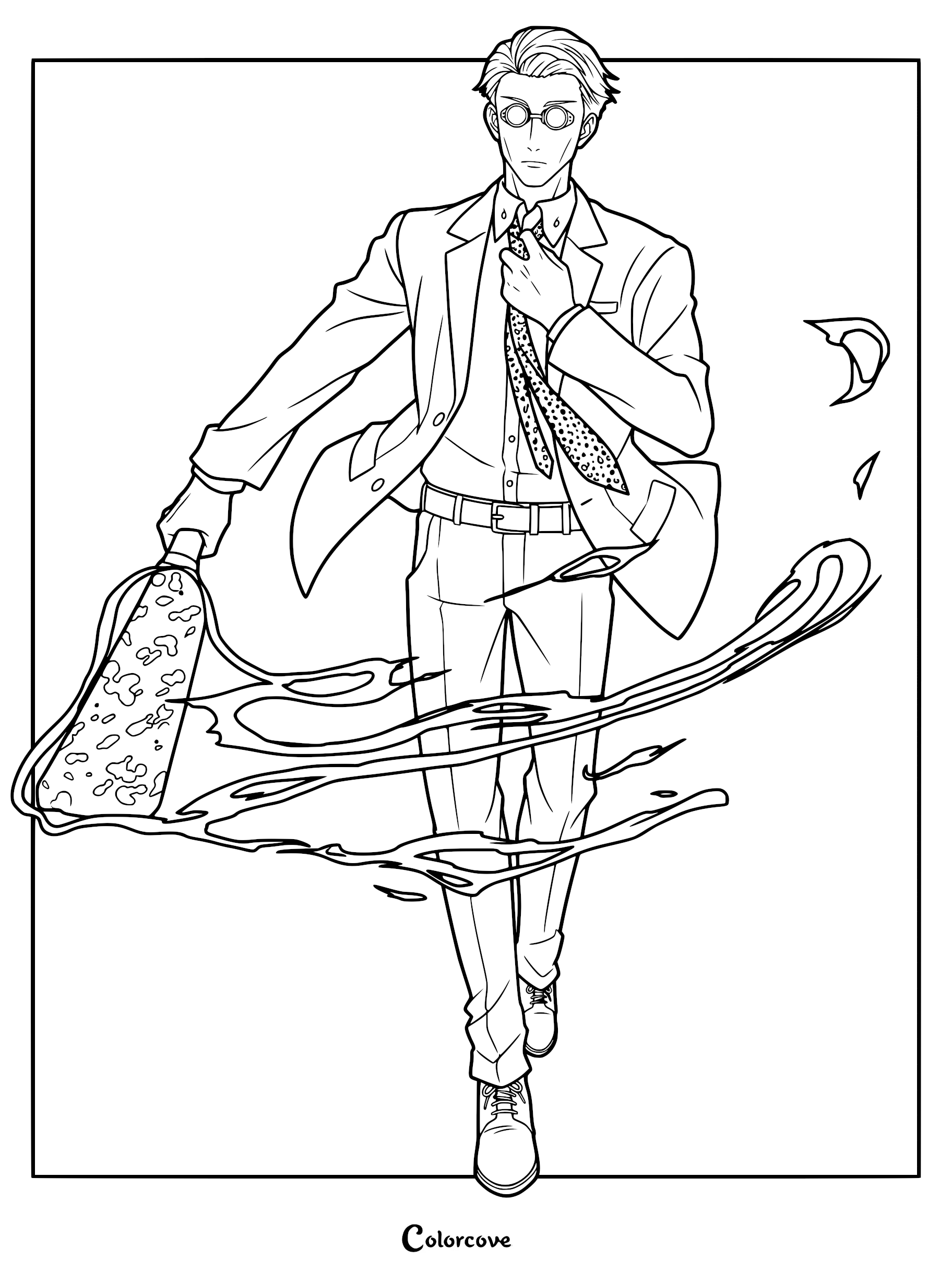 Kento Nanami from Jujutsu Kaisen adjusting his spotted tie while holding his signature cleaver in this detailed line art coloring page.