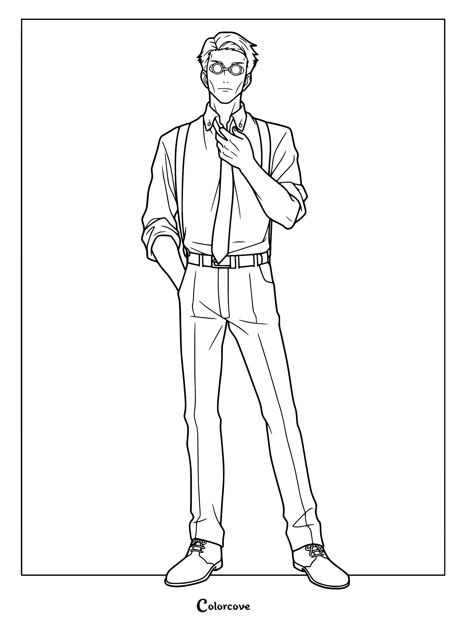 Kento Nanami from Jujutsu Kaisen wearing a dress shirt, tie, and signature glasses in a printable coloring page format.