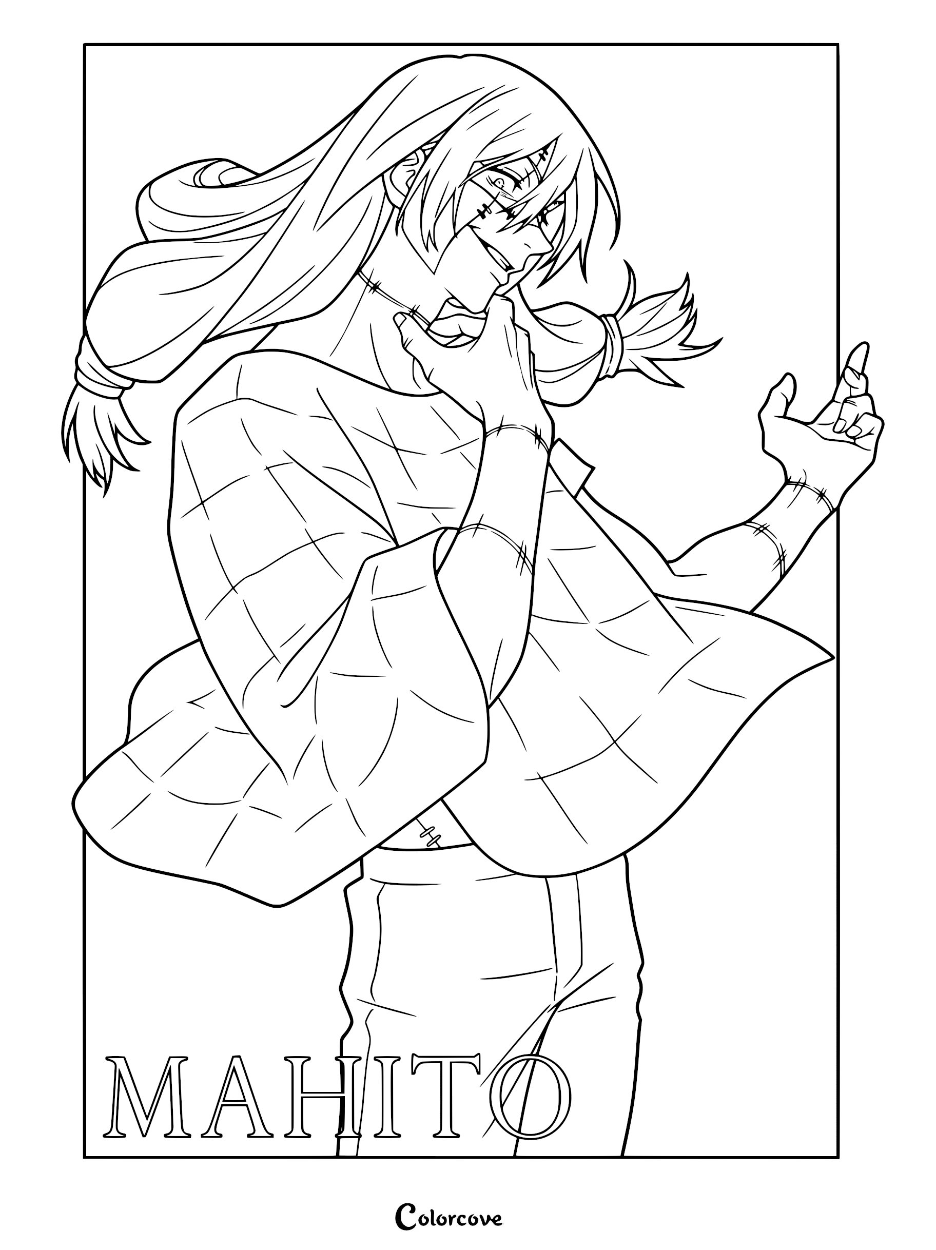 Mahito from Jujutsu Kaisen with long hair and stitched scars on his face and neck in a printable coloring page format.