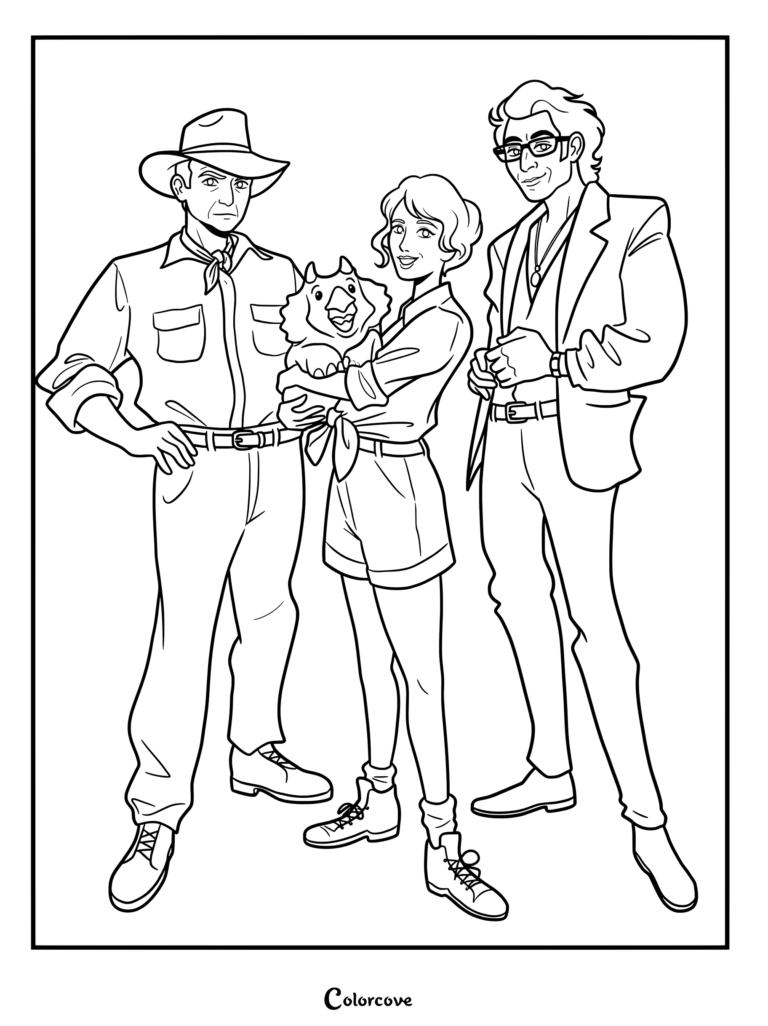Una página para colorear imprimible de Jurassic Park y World con el Dr. Alan Grant, la Dra. Ellie Sattler sosteniendo un bebé dinosaurio y el Dr. Ian Malcolm en formato de caricatura estilizada.