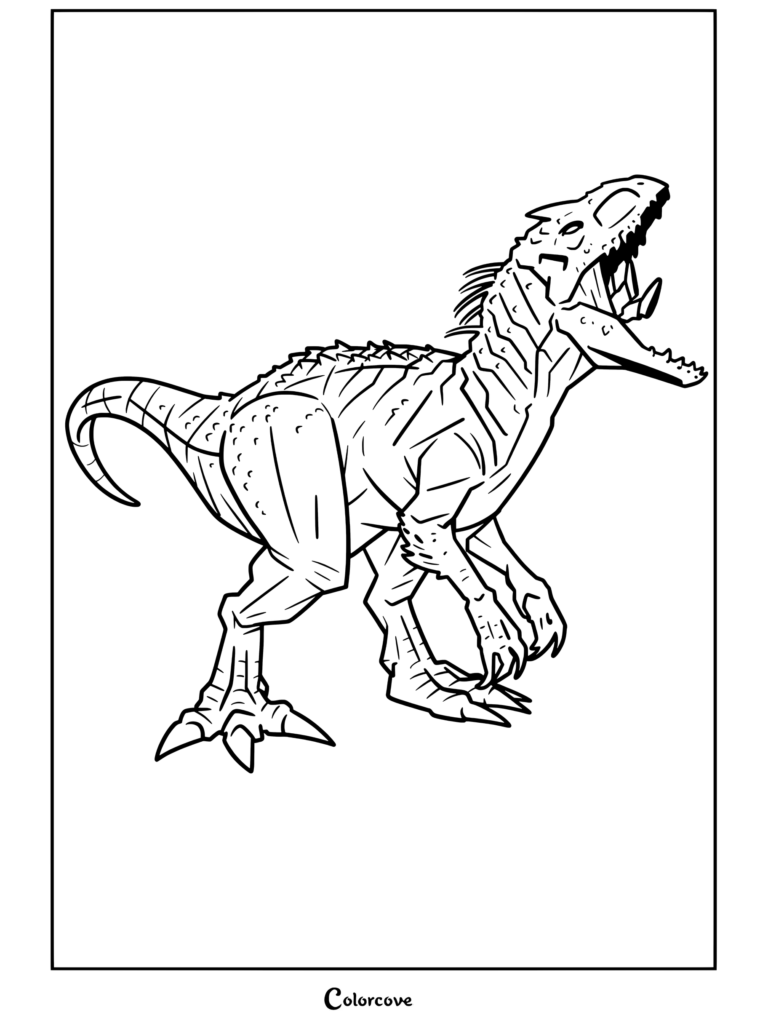 Indominus Rex de Jurassic Park y World en una pose de rugido feroz, presentada en una página para colorear imprimible.