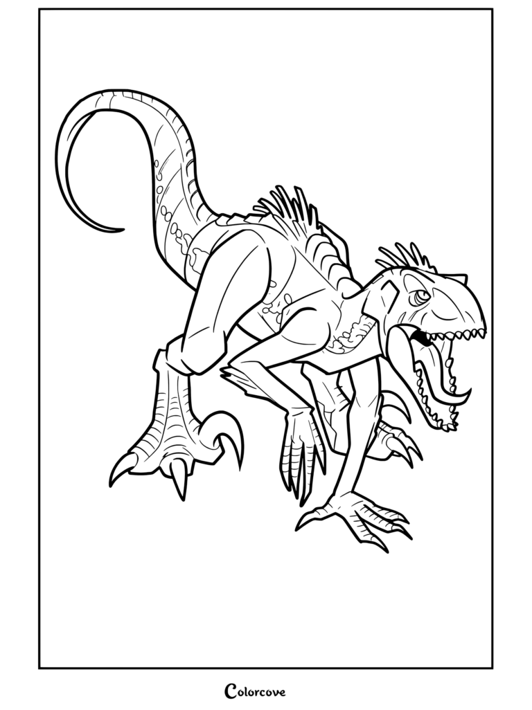 Página para colorear del Indoraptor de Jurassic Park y World que muestra al dinosaurio modificado genéticamente agachado con la boca abierta.