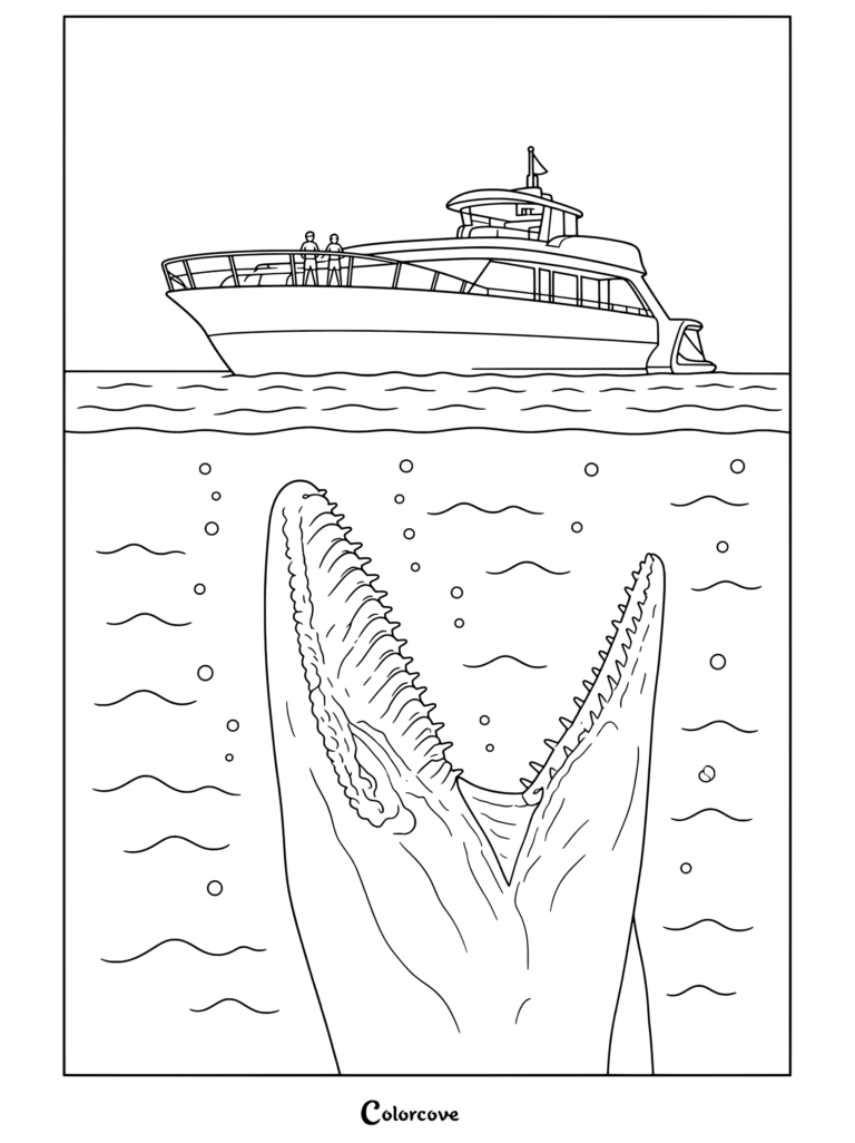 Página para colorear de Jurassic Park y World con un Mosasaurus acechando bajo el agua con las fauces abiertas debajo de un yate en la superficie del océano
