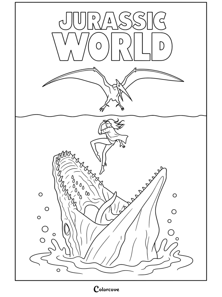 Página para colorear de Jurassic Park y World con un pterodáctilo volando sobre una mujer que cae en la boca abierta de un Mosasaurus